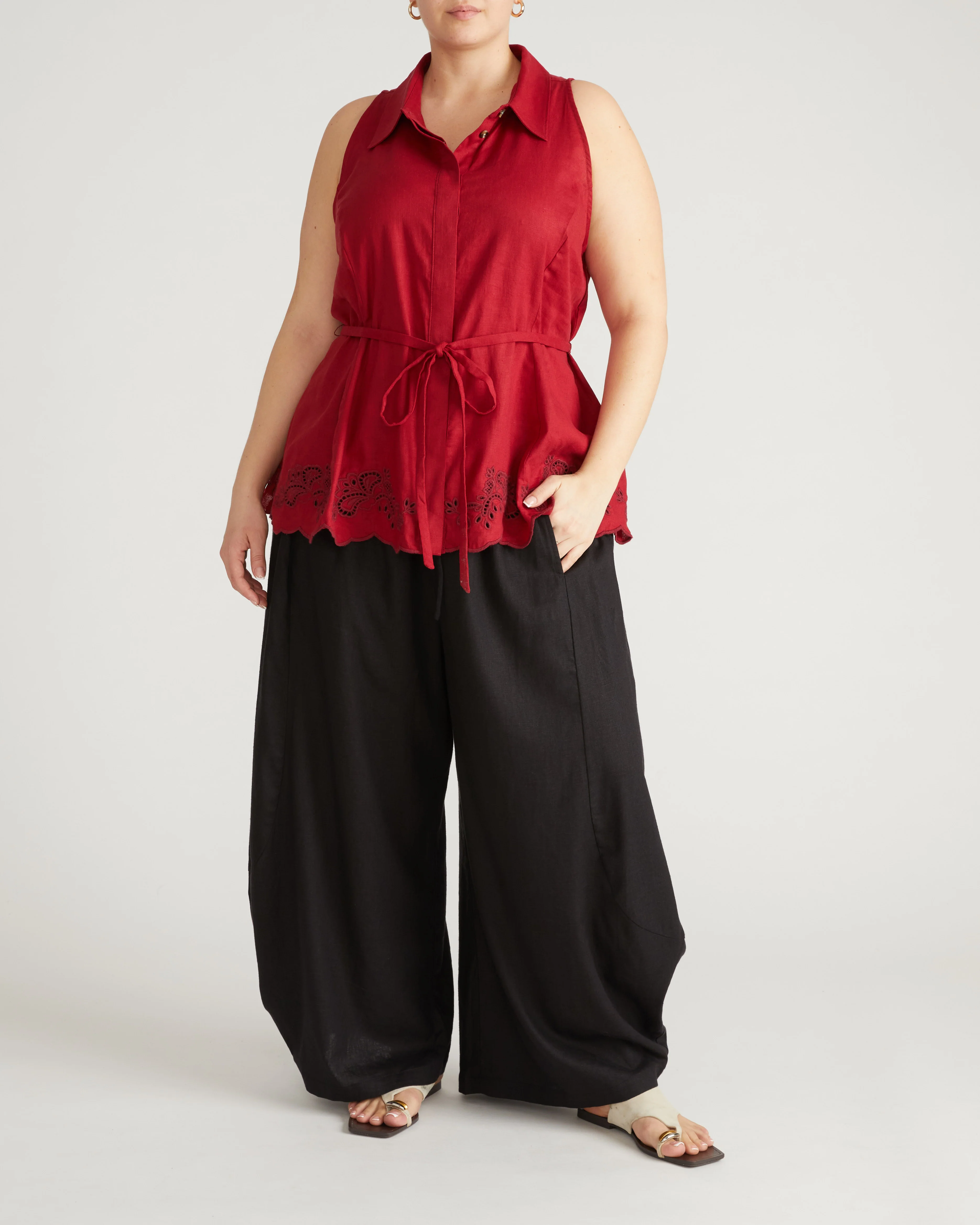 Adelaide Embroidered Sleeveless Linen Blend Shirt - Vibrant Red - Image 4