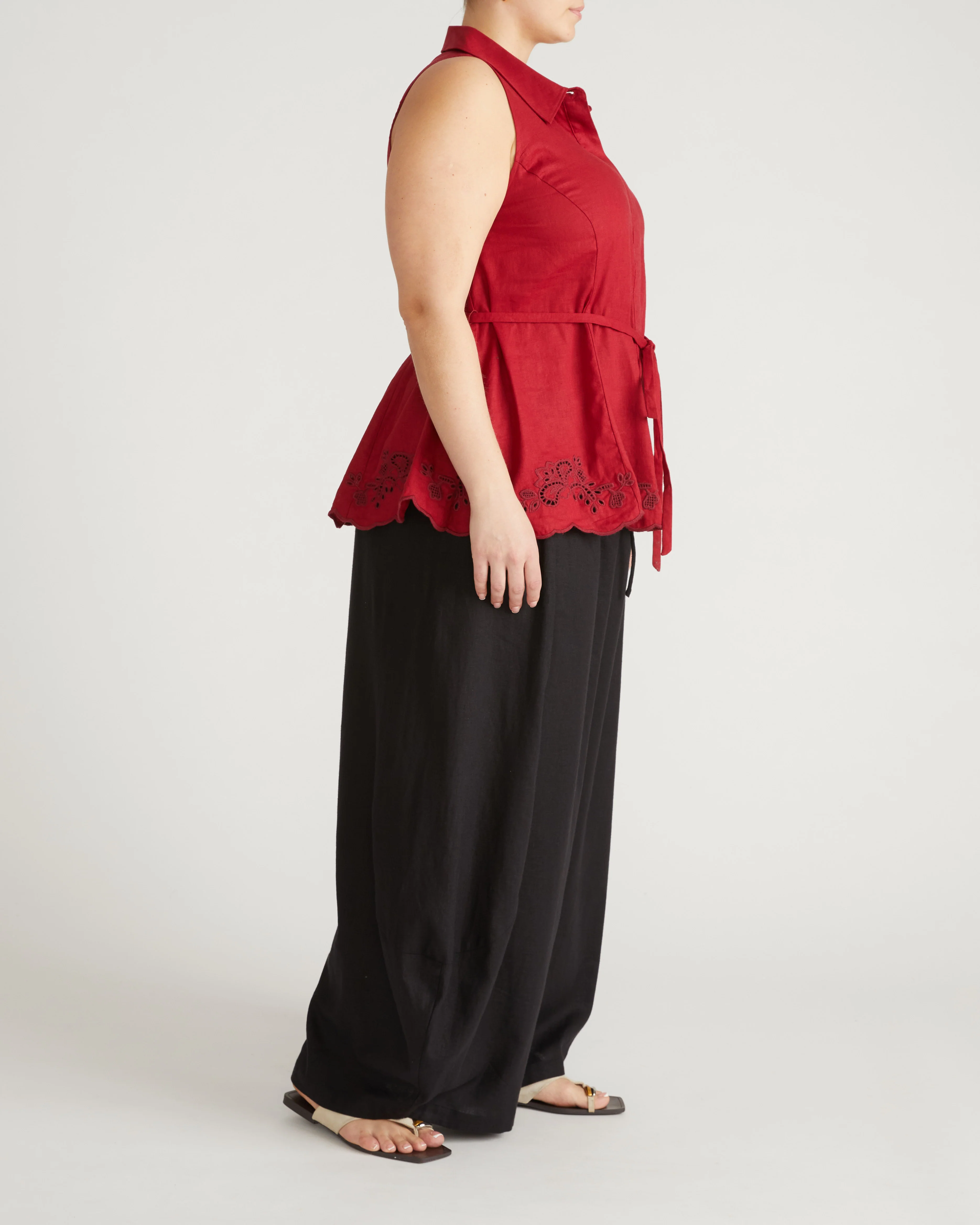 Adelaide Embroidered Sleeveless Linen Blend Shirt - Vibrant Red - Image 5