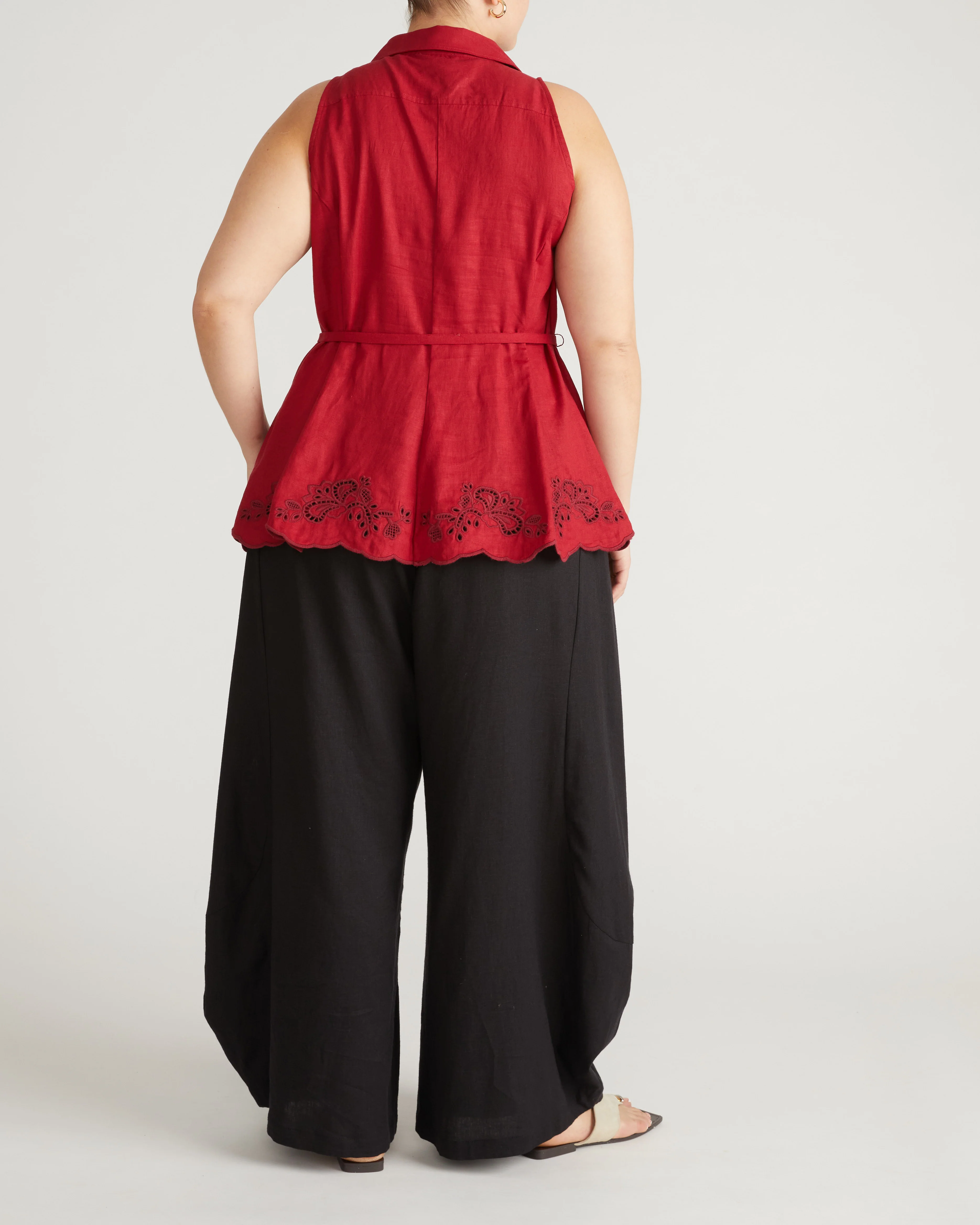 Adelaide Embroidered Sleeveless Linen Blend Shirt - Vibrant Red - Image 6