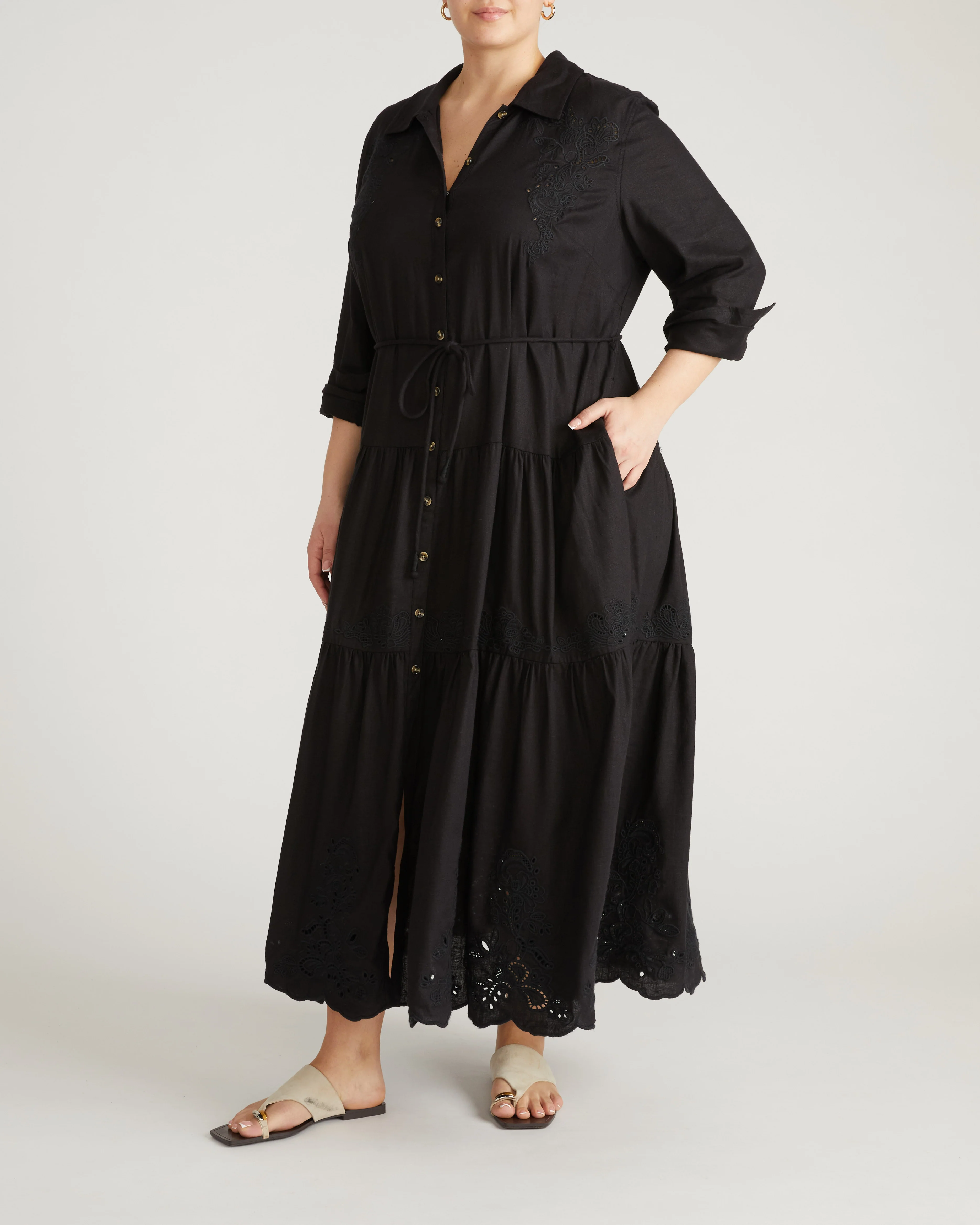 Alix Embroidered Linen Blend Shirtdress - Black - Image 6