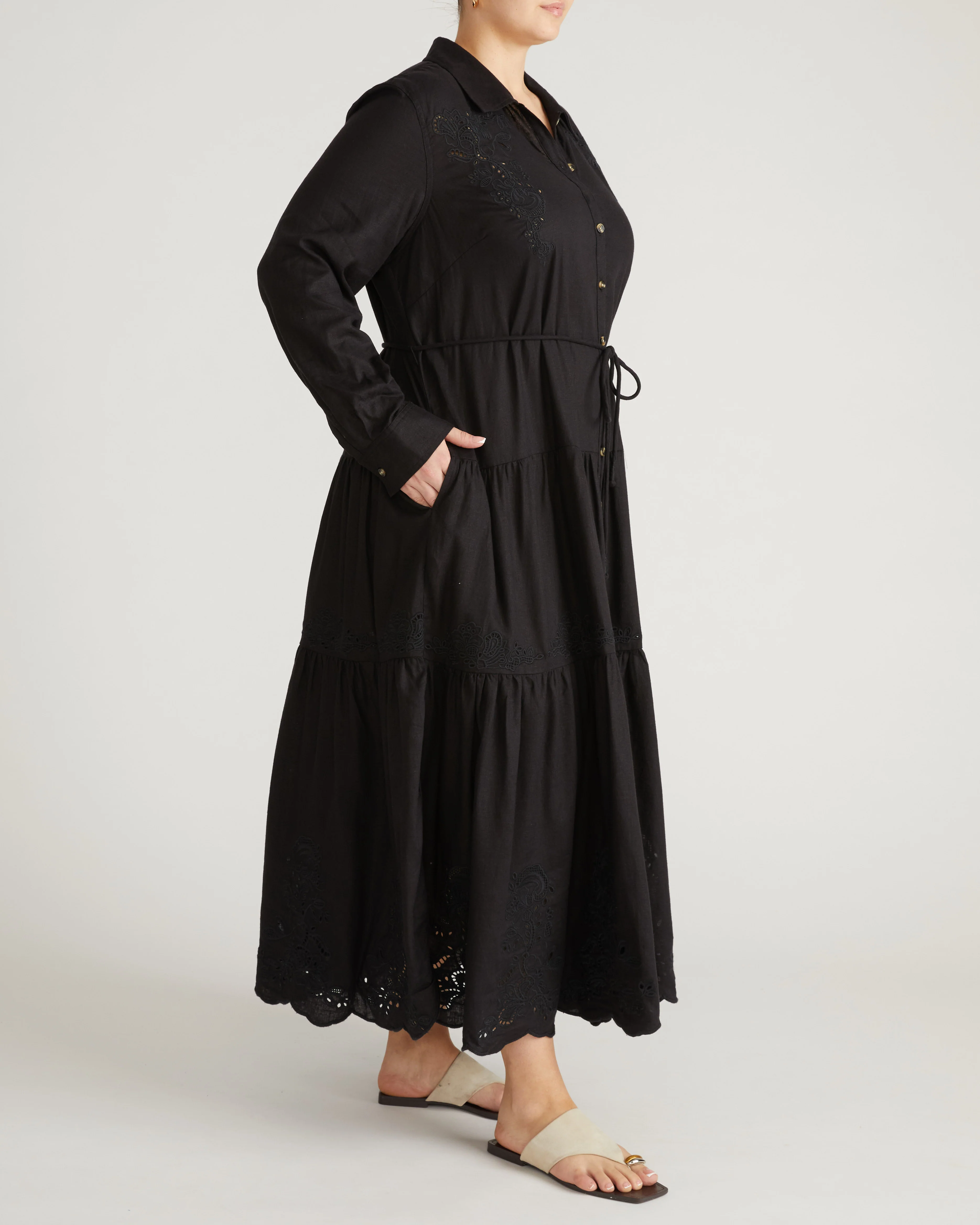 Alix Embroidered Linen Blend Shirtdress - Black - Image 7