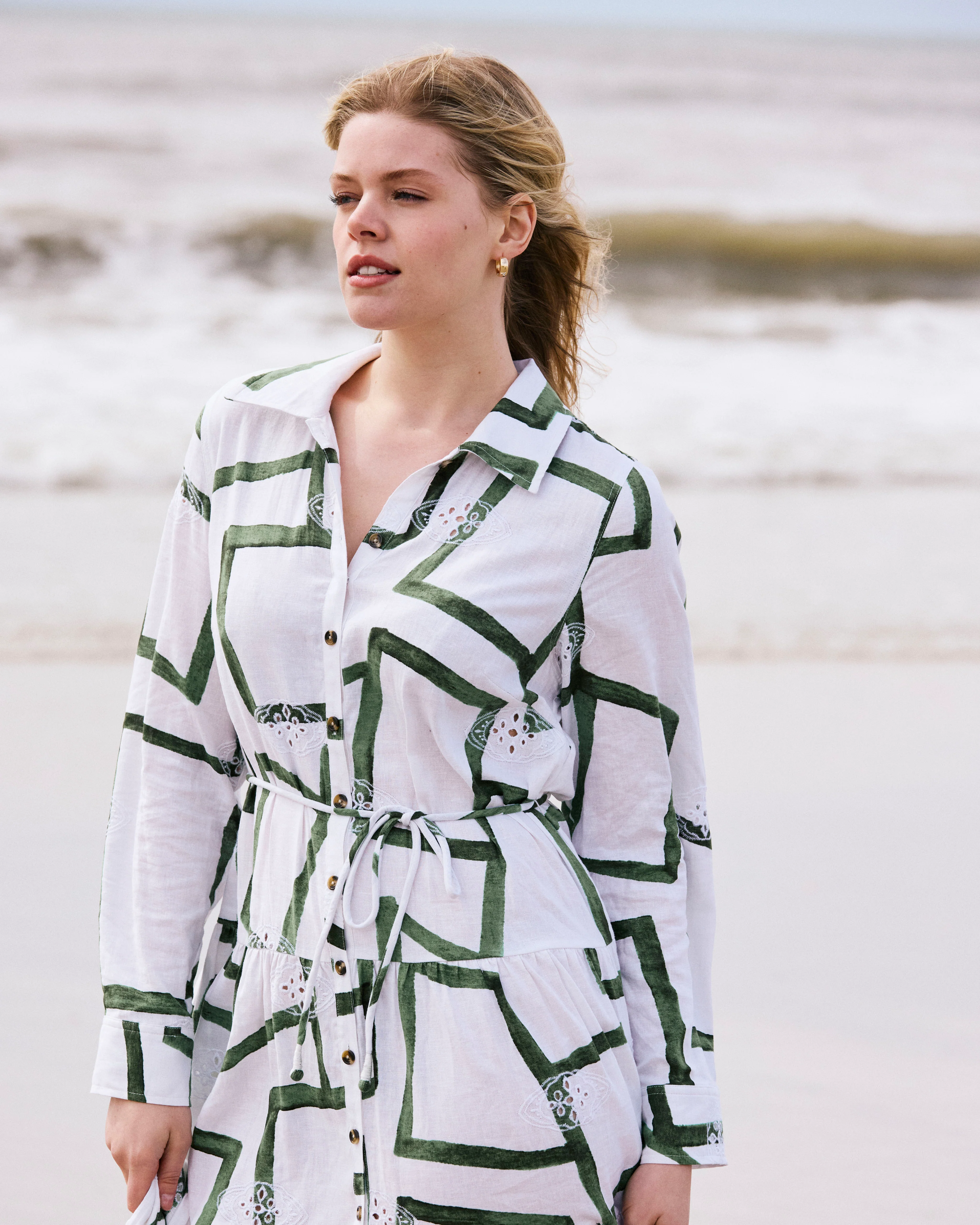 Alix Linen Blend Shirtdress - Green Paint Print - Image 5