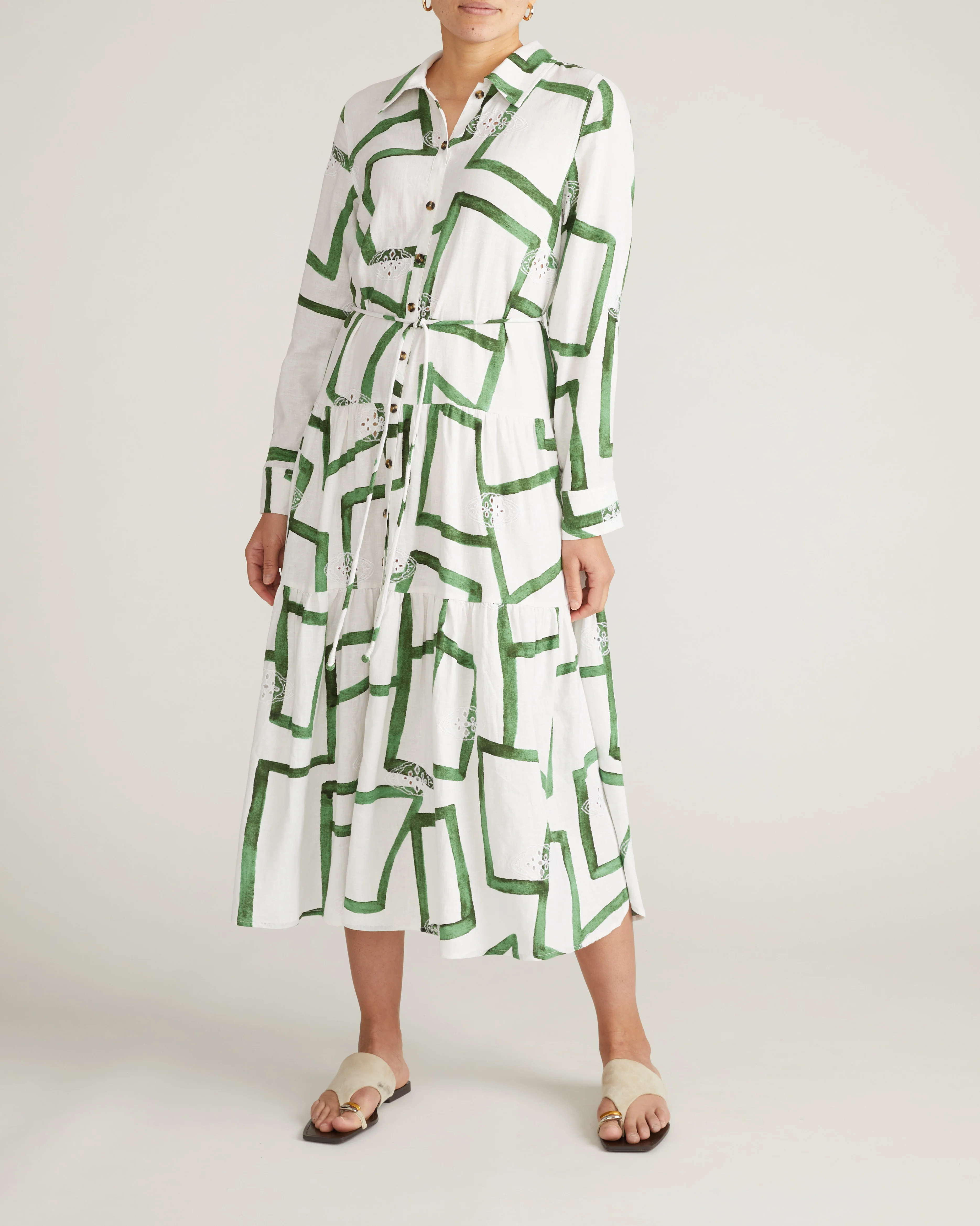 Alix Linen Blend Shirtdress - Green Paint Print - Image 6