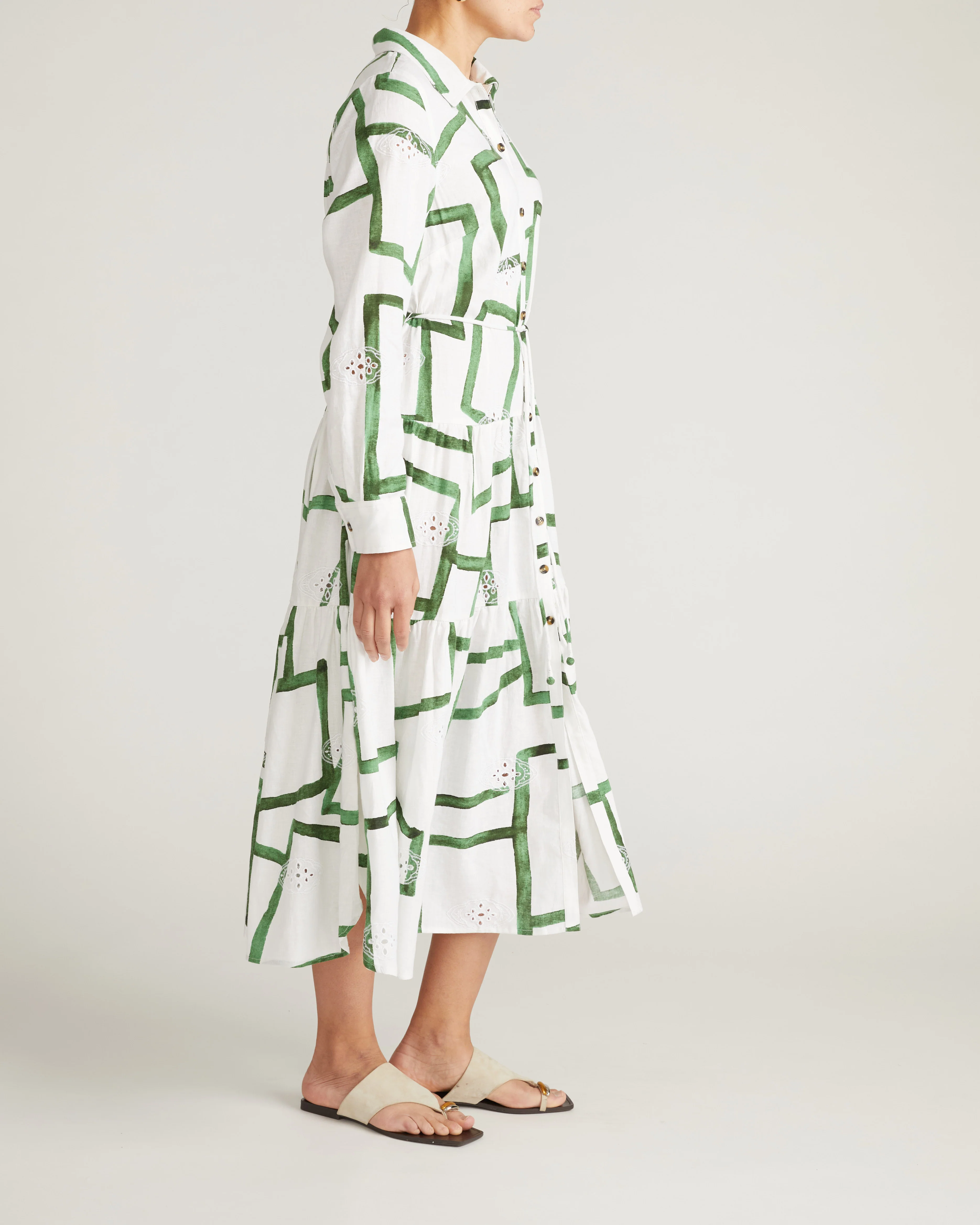 Alix Linen Blend Shirtdress - Green Paint Print - Image 7