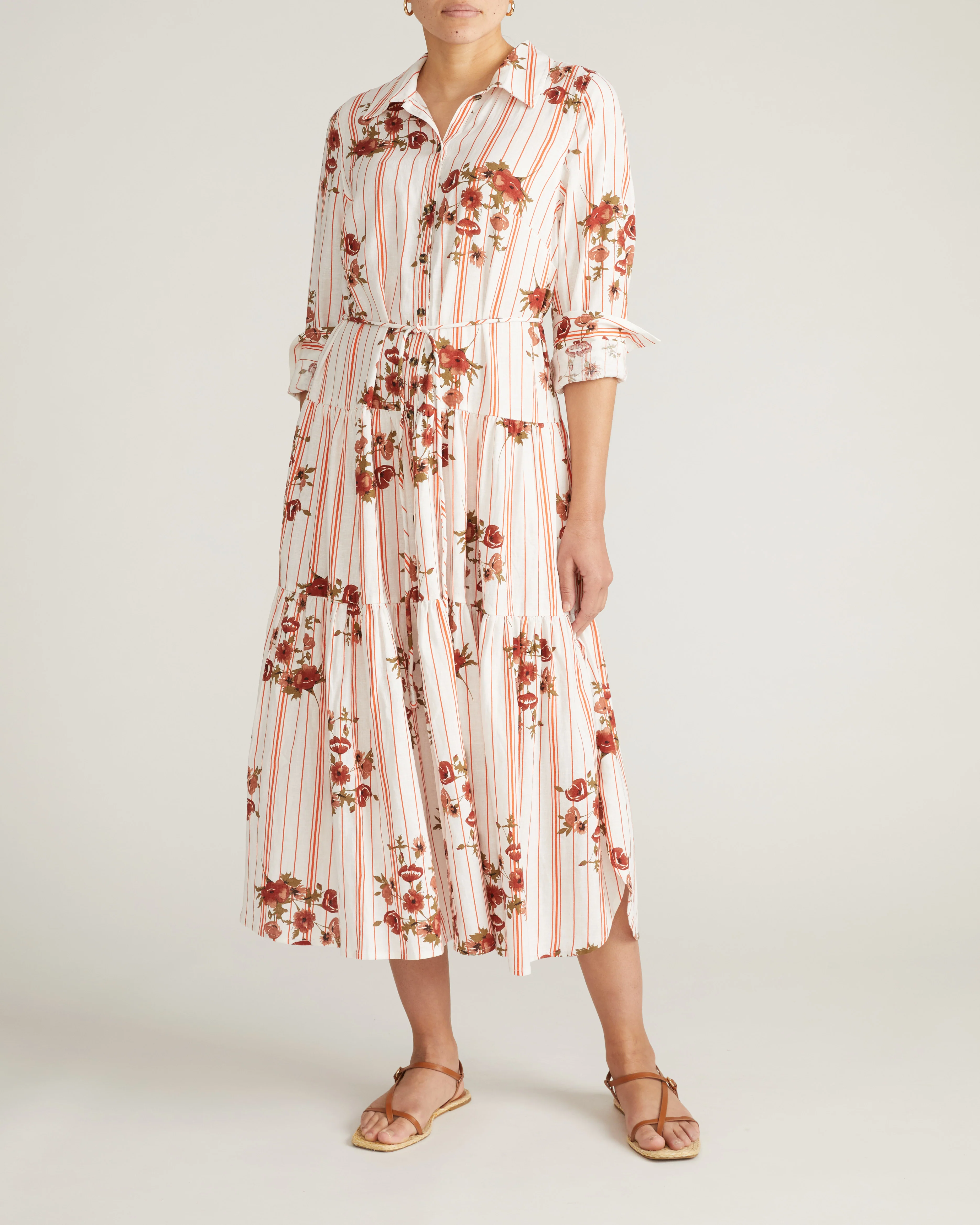 Alix Linen Blend Shirtdress - Wild Flower Bouquet Print on Stripes - Image 4