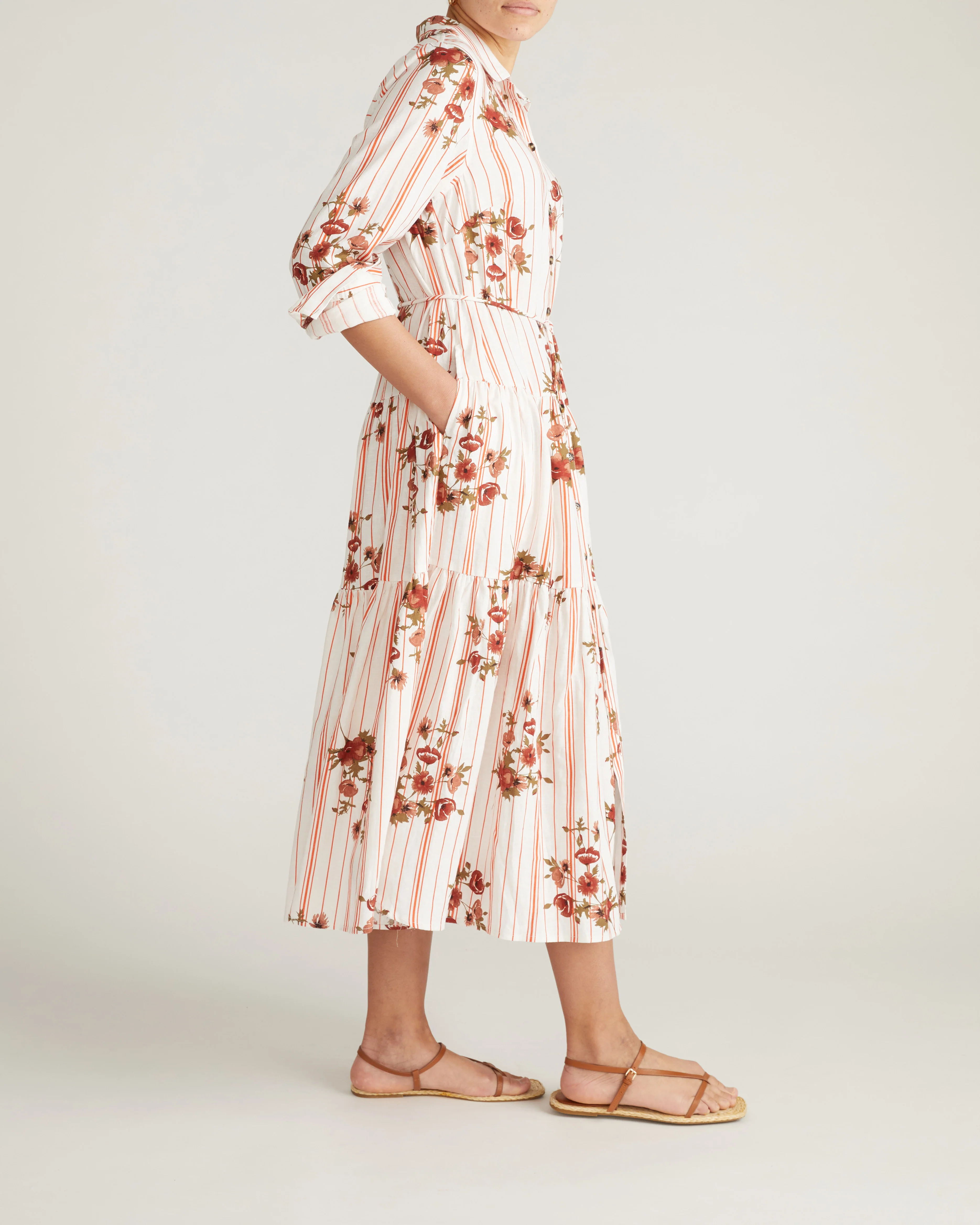 Alix Linen Blend Shirtdress - Wild Flower Bouquet Print on Stripes - Image 5