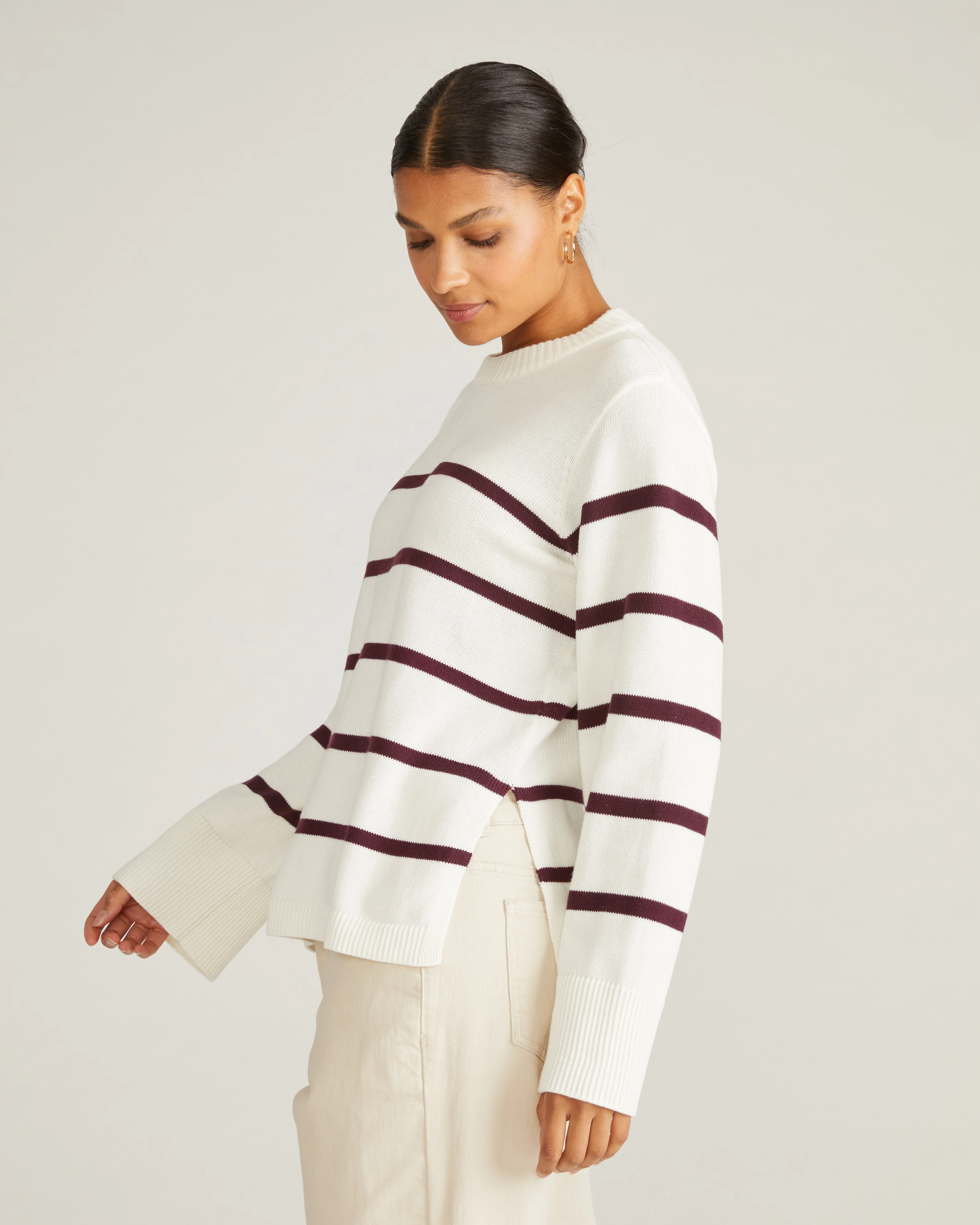Bardot Wide Sleeve Cotton Sweater - Cream/Acai Stripe - Image 2