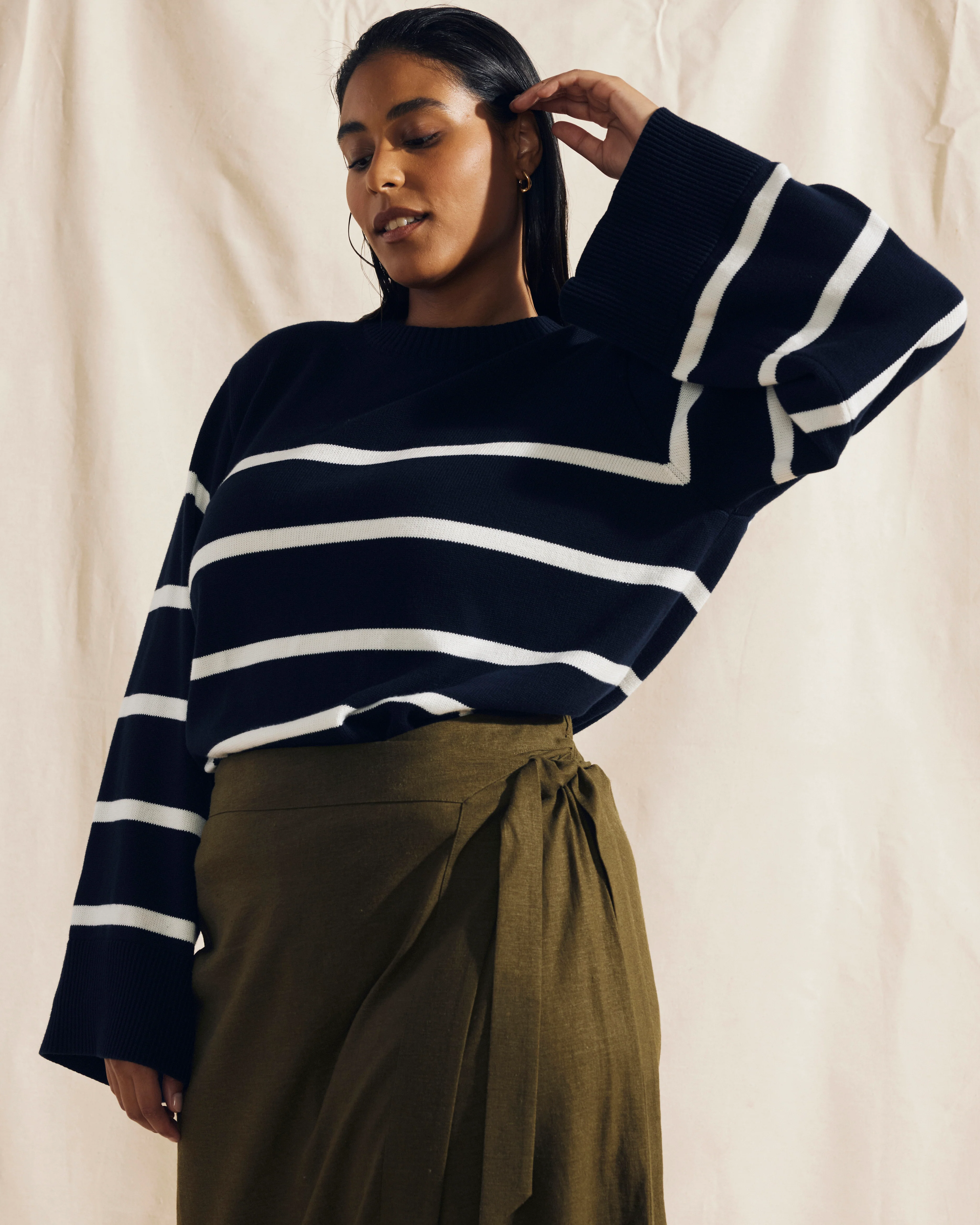 Bardot Wide Sleeve Cotton Sweater - Navy/White