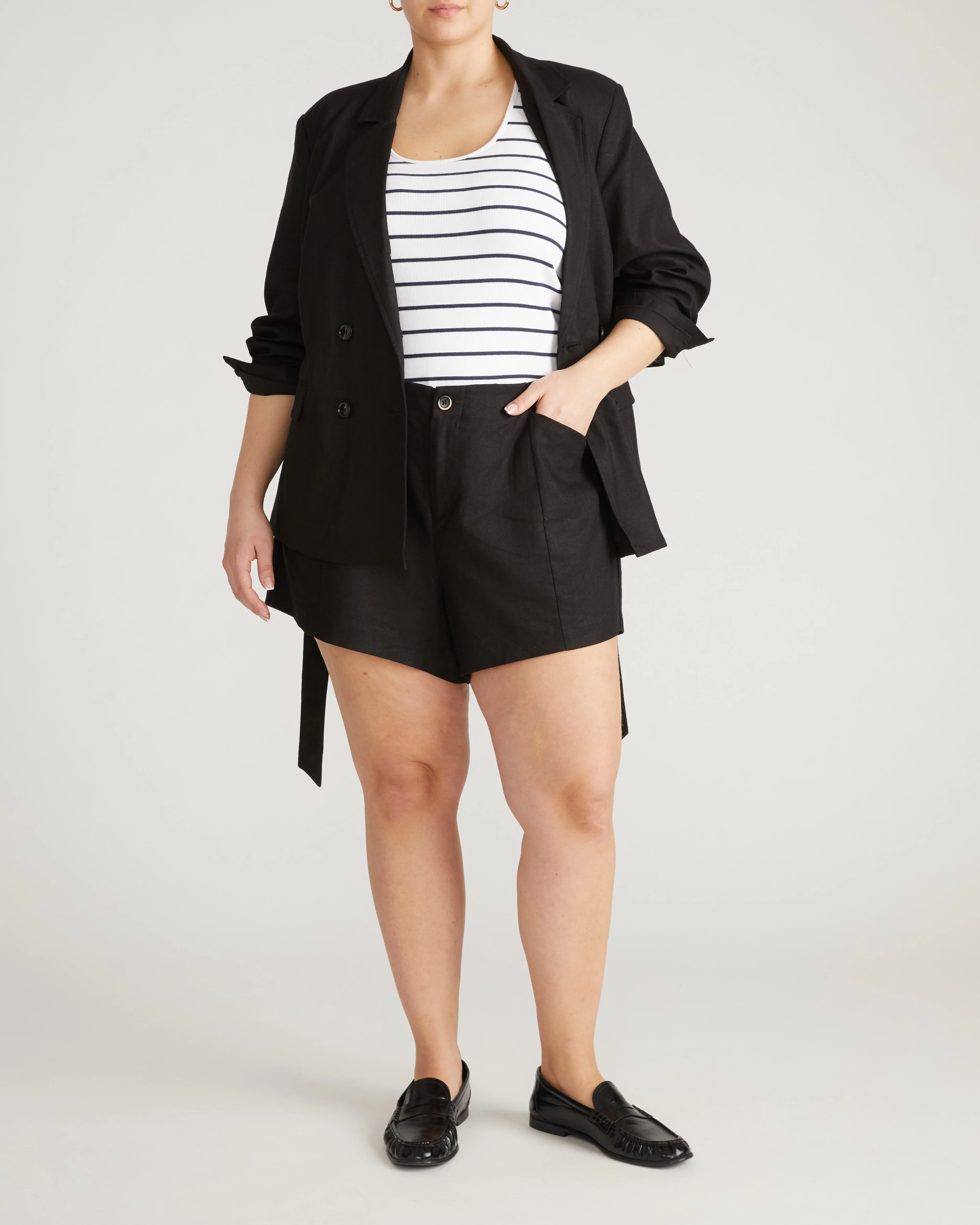 Belted Double Breasted Linen Blend Blazer - Black - Image 3