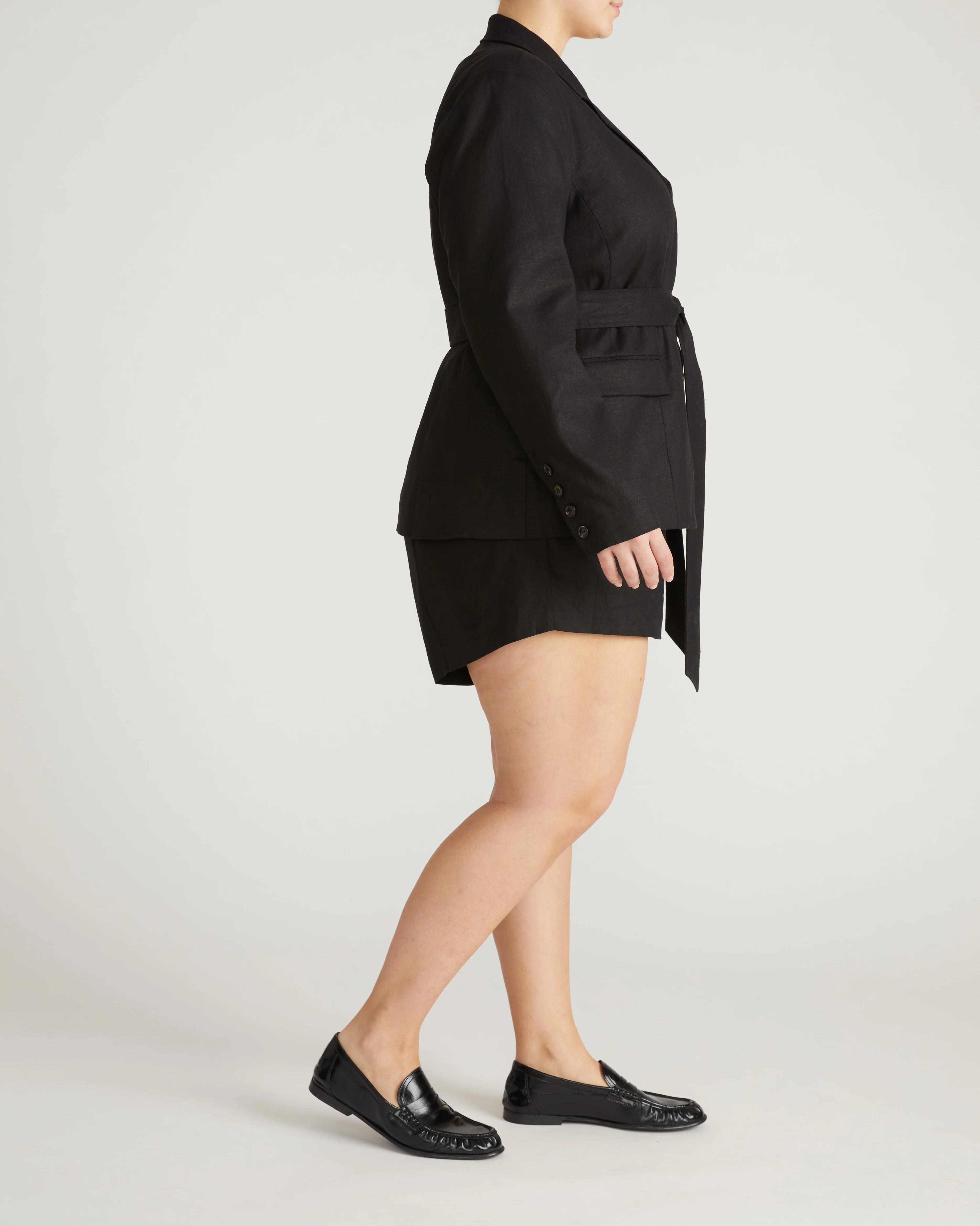 Belted Double Breasted Linen Blend Blazer - Black - Image 4
