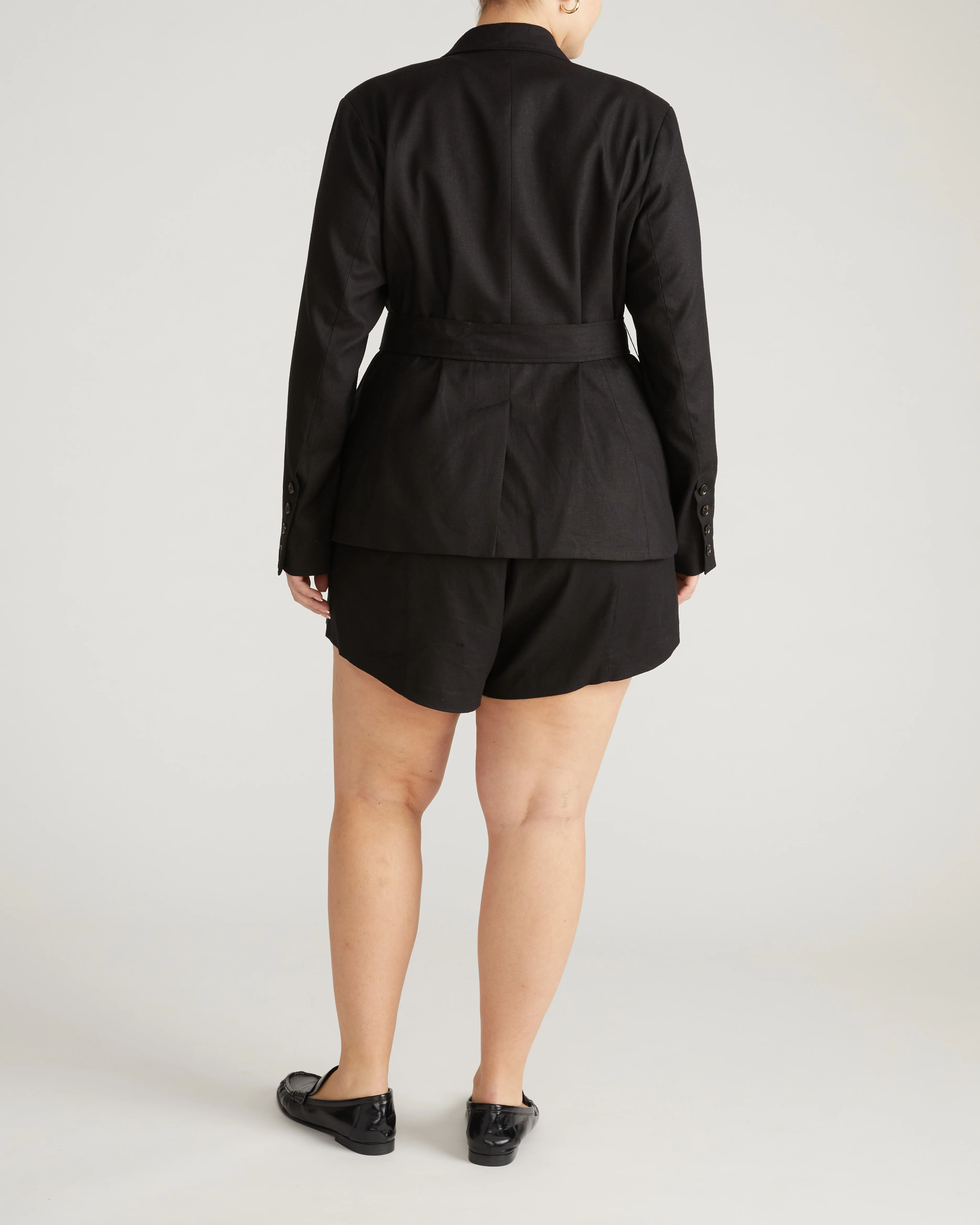 Belted Double Breasted Linen Blend Blazer - Black - Image 5