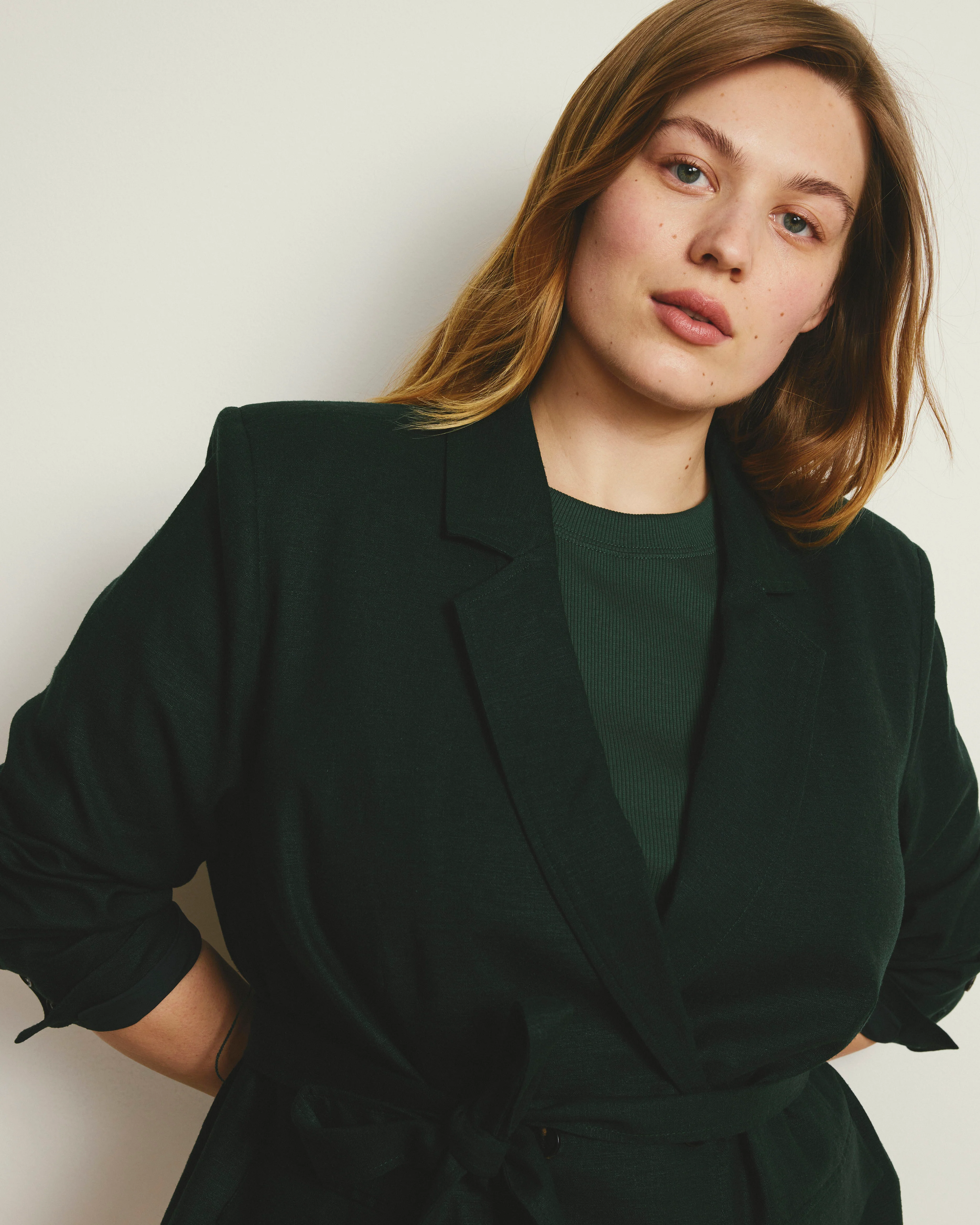 Belted Double Breasted Linen Blend Blazer - Forest Green - Image 3
