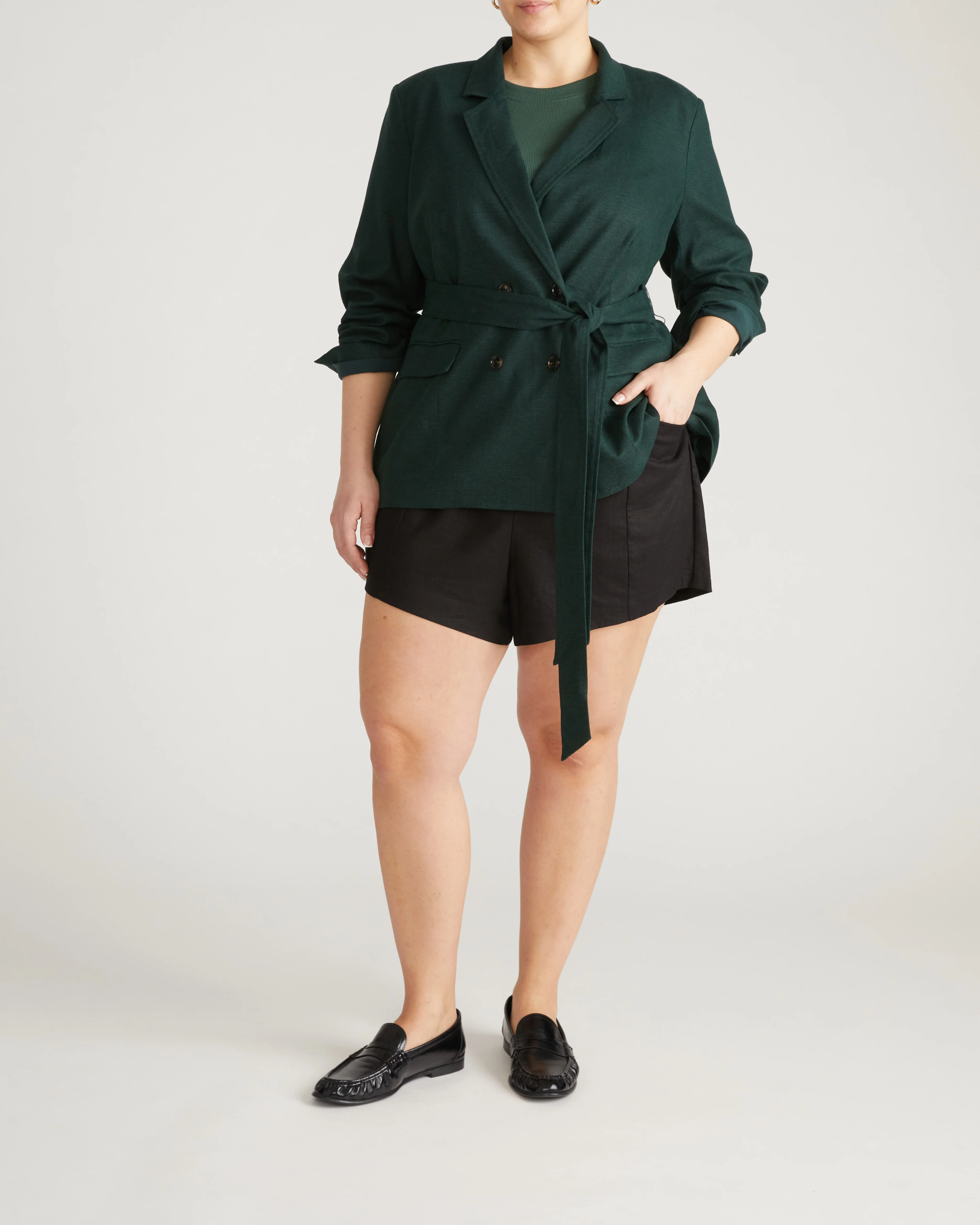 Belted Double Breasted Linen Blend Blazer - Forest Green - Image 4