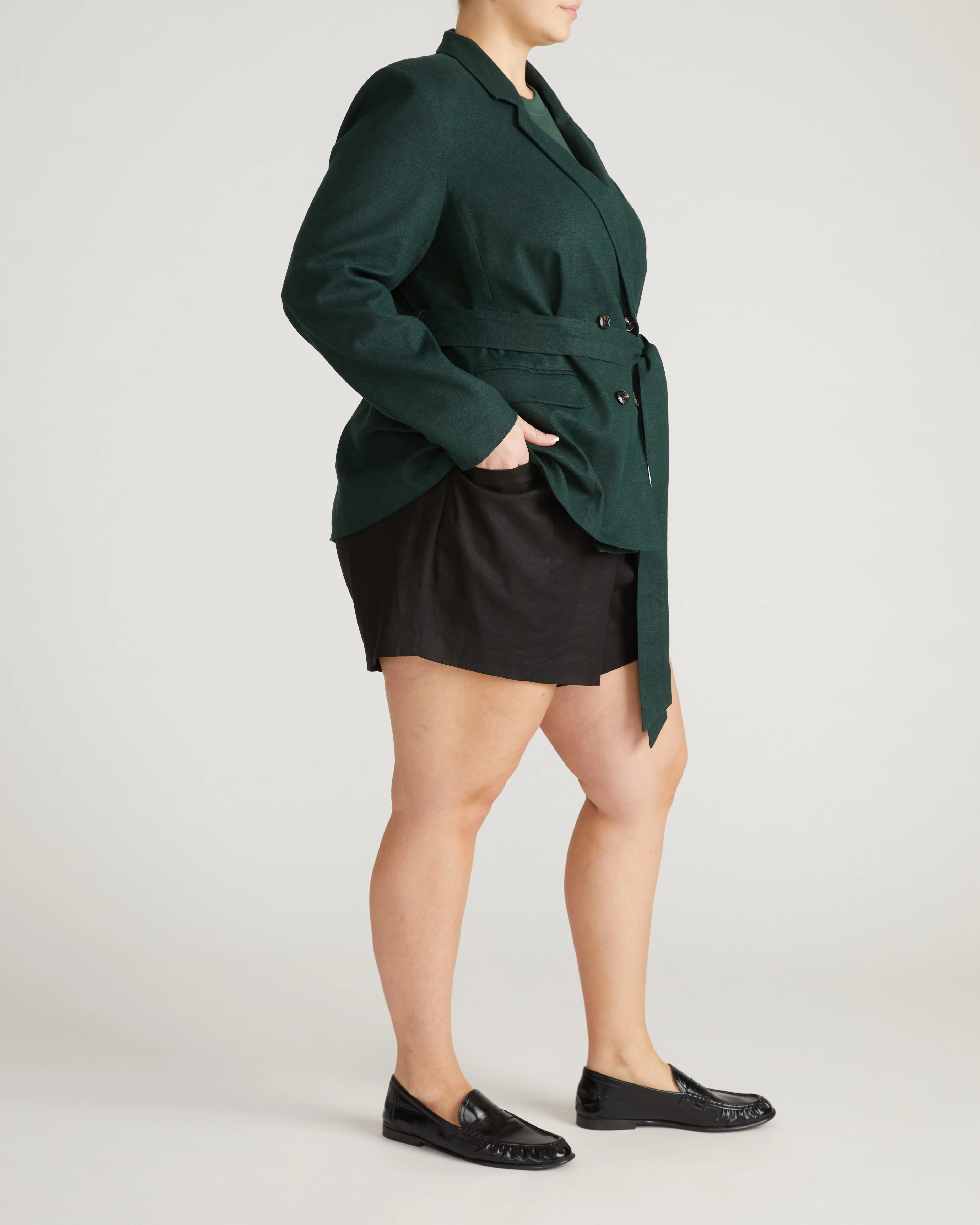 Belted Double Breasted Linen Blend Blazer - Forest Green - Image 5
