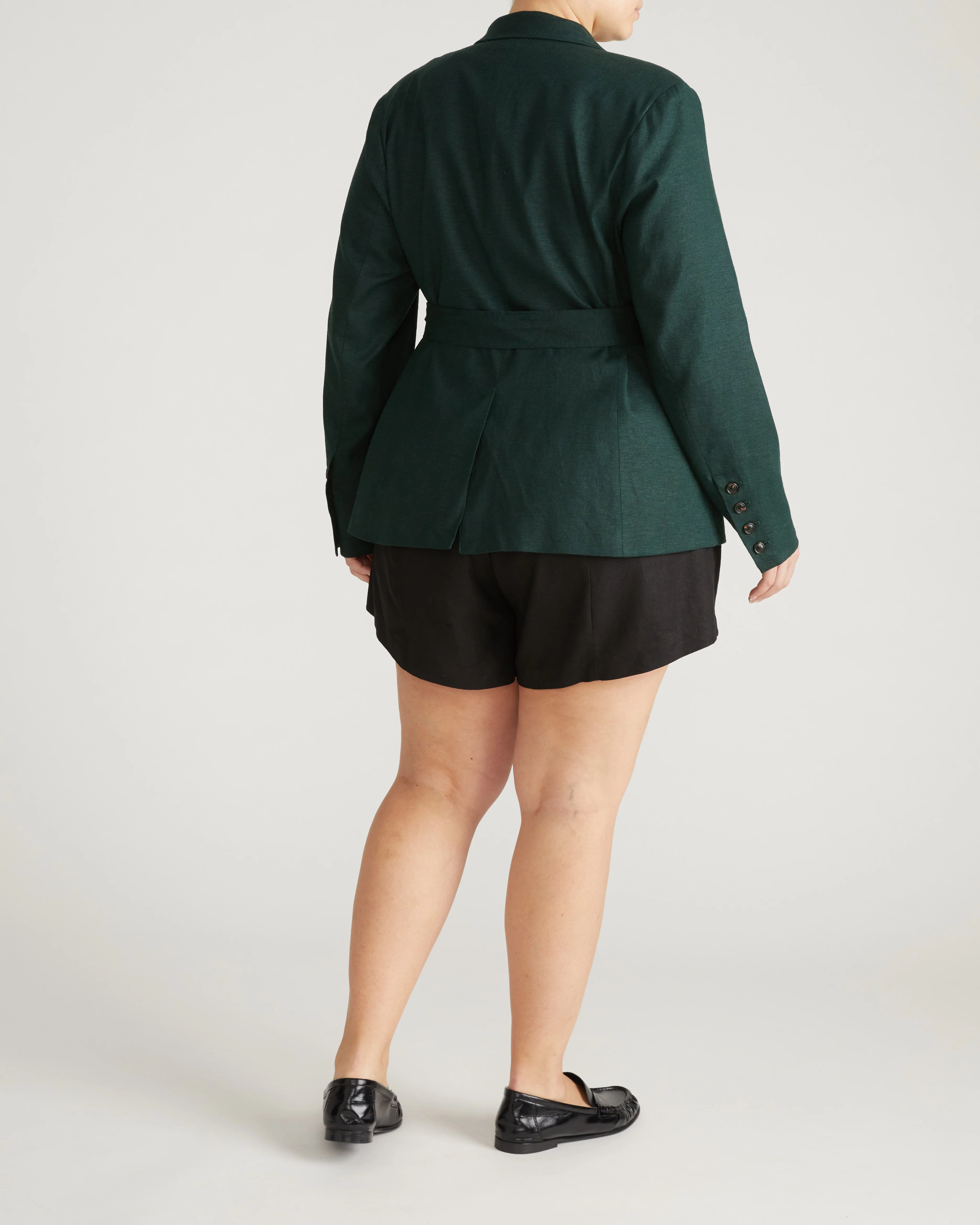 Belted Double Breasted Linen Blend Blazer - Forest Green - Image 6