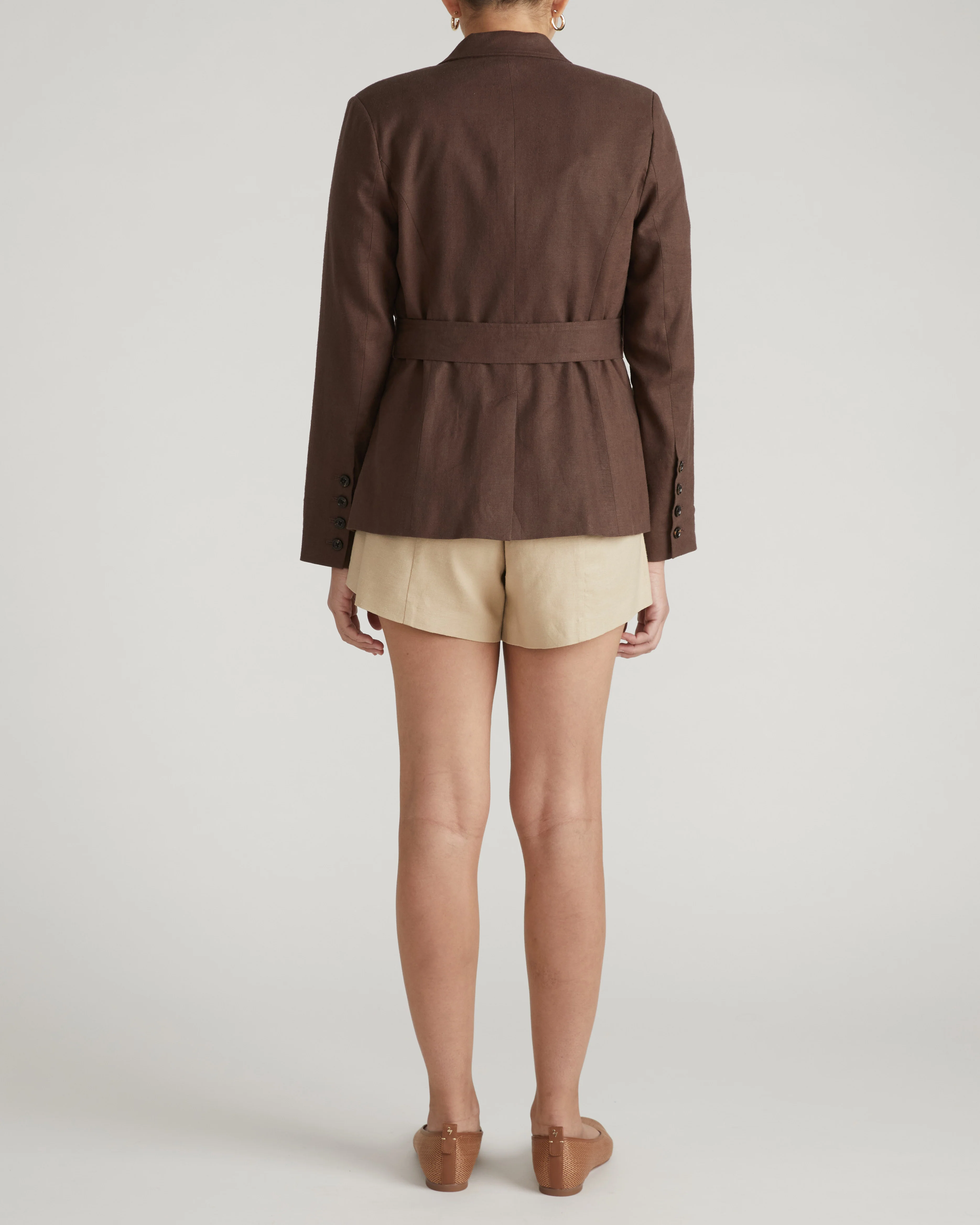 Belted Double Breasted Linen Blend Blazer - Sophisticated Brown - Image 10