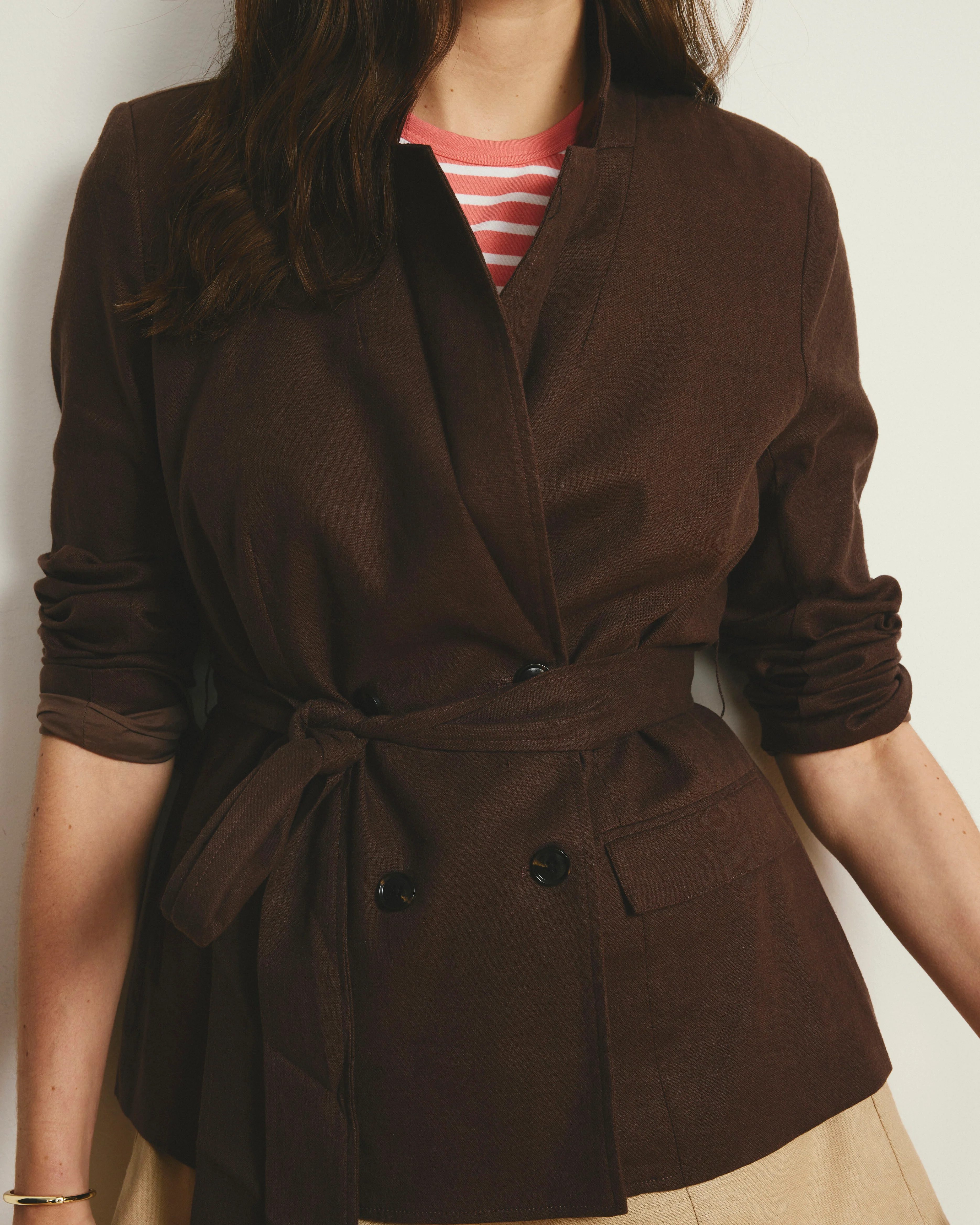 Belted Double Breasted Linen Blend Blazer - Sophisticated Brown - Image 3
