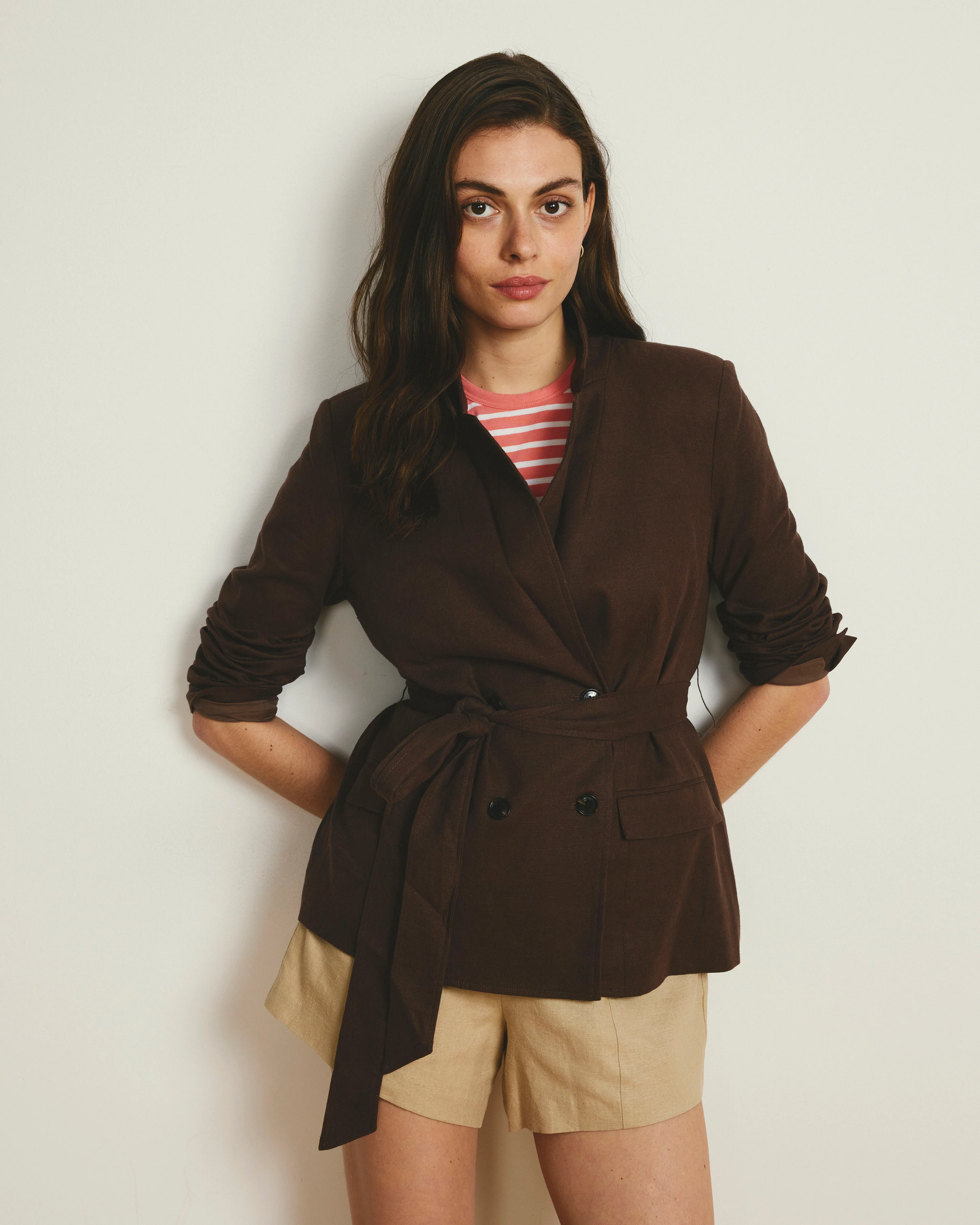 Belted Double Breasted Linen Blend Blazer - Sophisticated Brown - Image 4