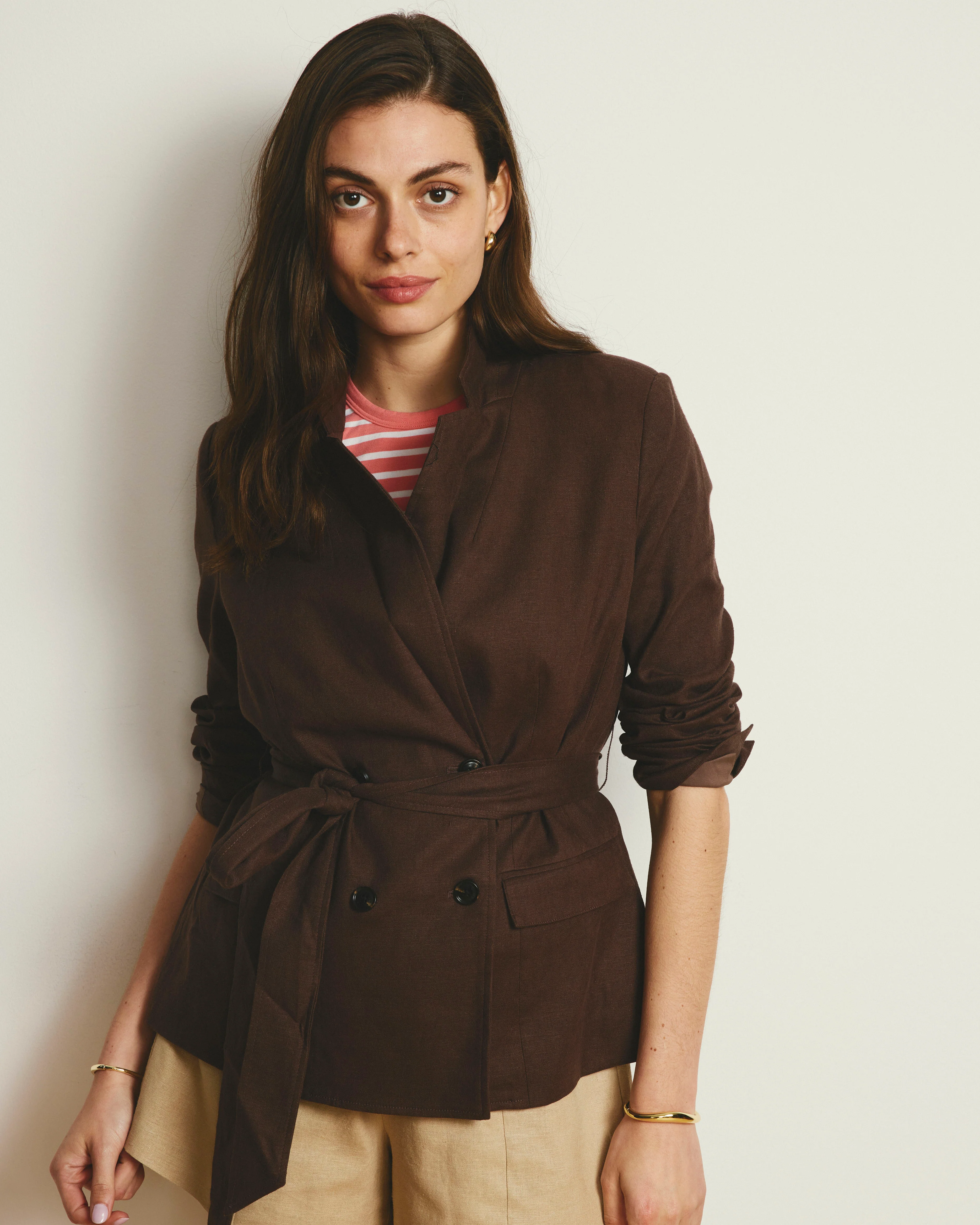 Belted Double Breasted Linen Blend Blazer - Sophisticated Brown - Image 5