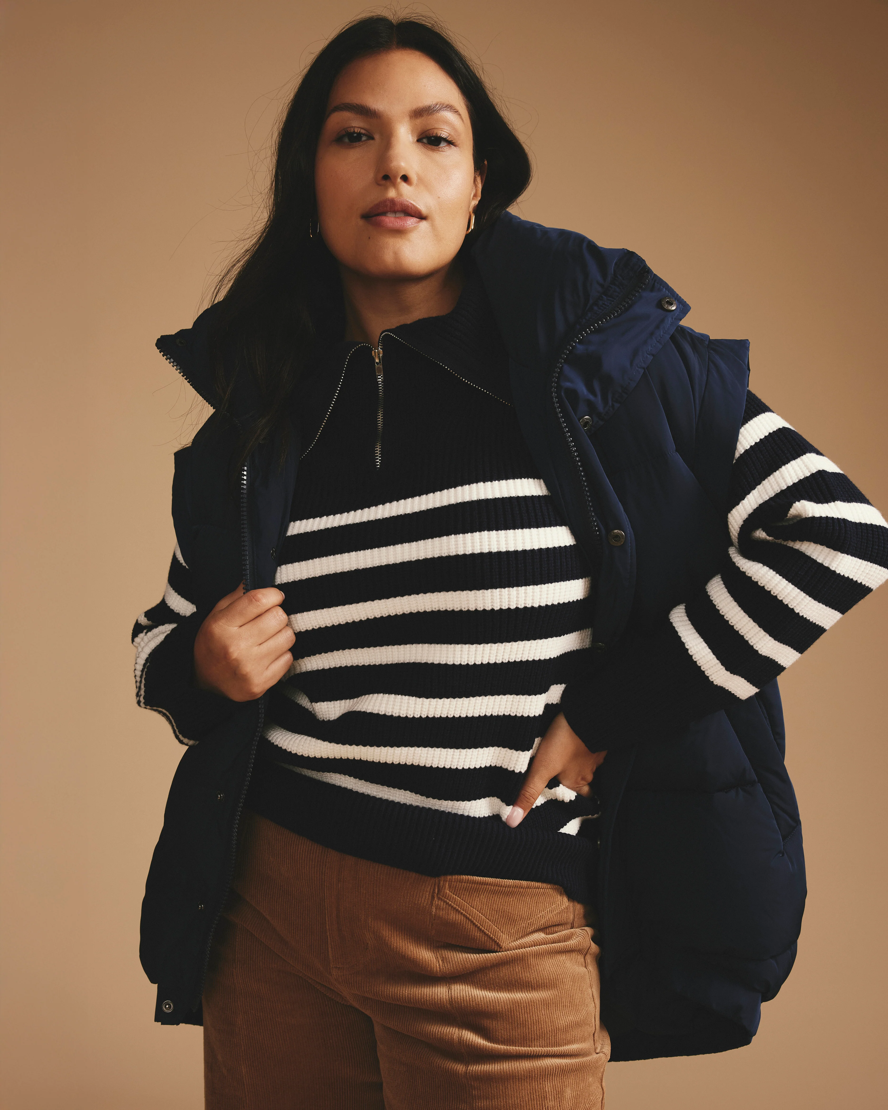 Brenda Zip Sweater - Navy/Cream Stripes