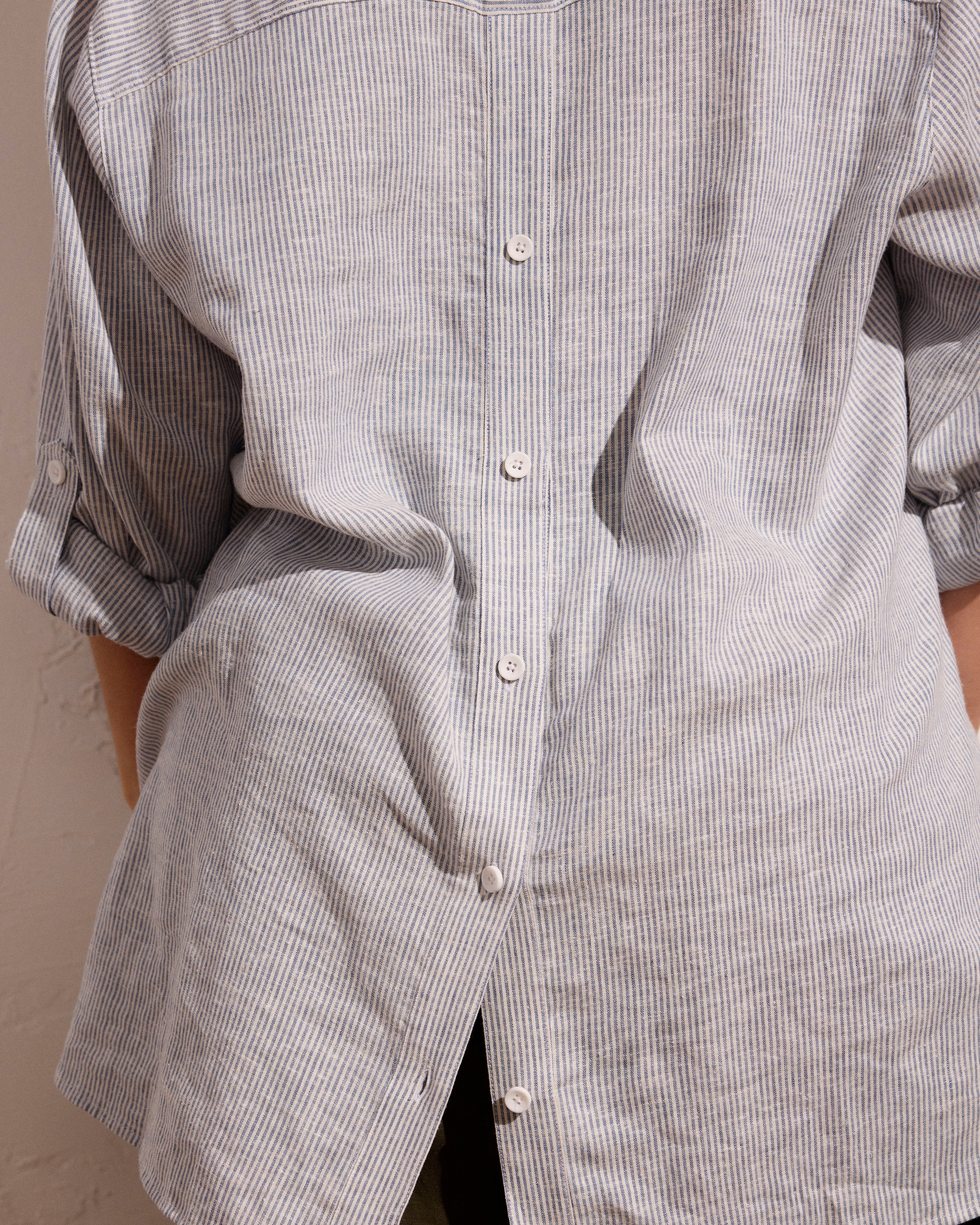 Button Back Linen Blend Polo Shirt - Beach Stripe - Image 5