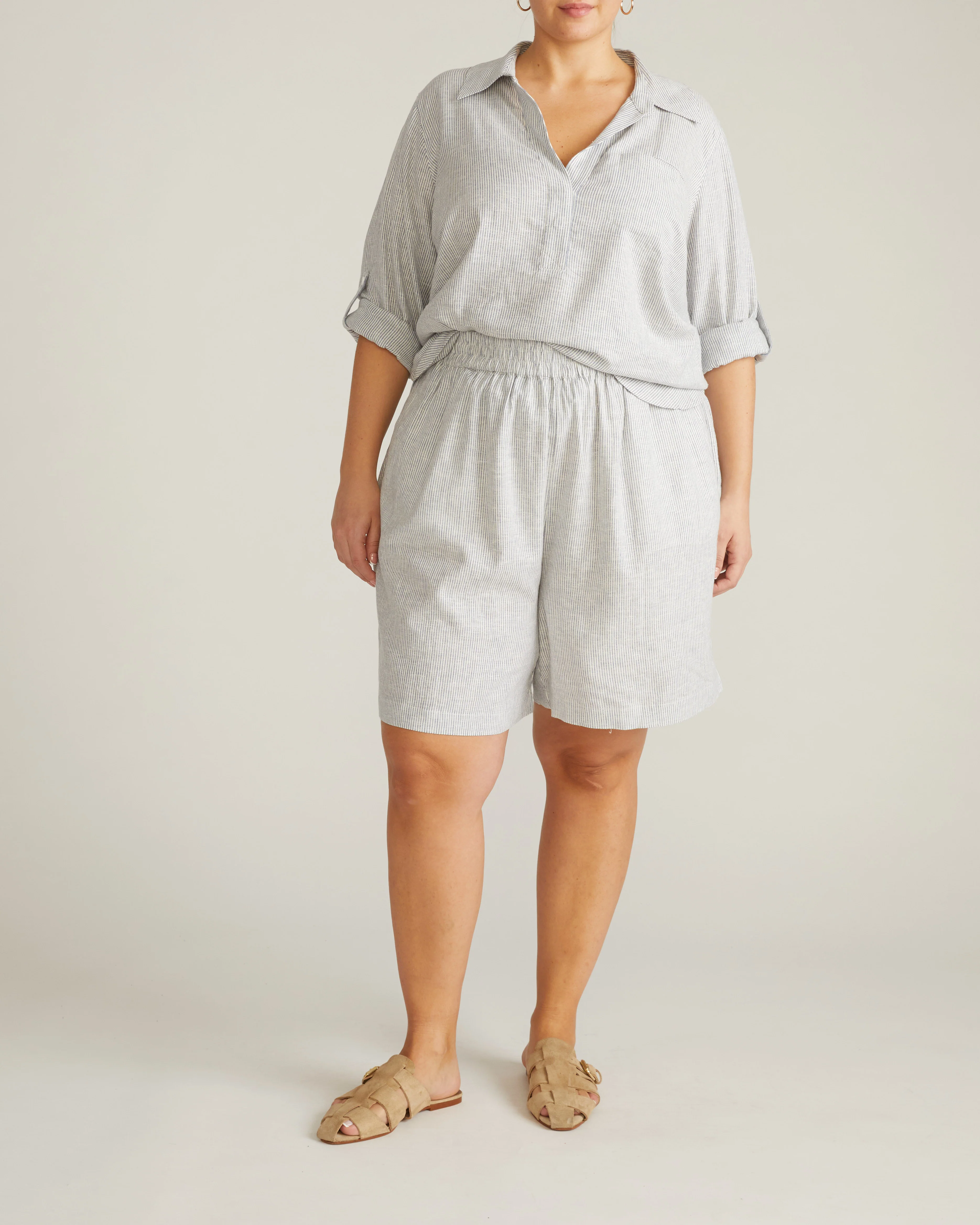 Button Back Linen Blend Polo Shirt - Beach Stripe - Image 6