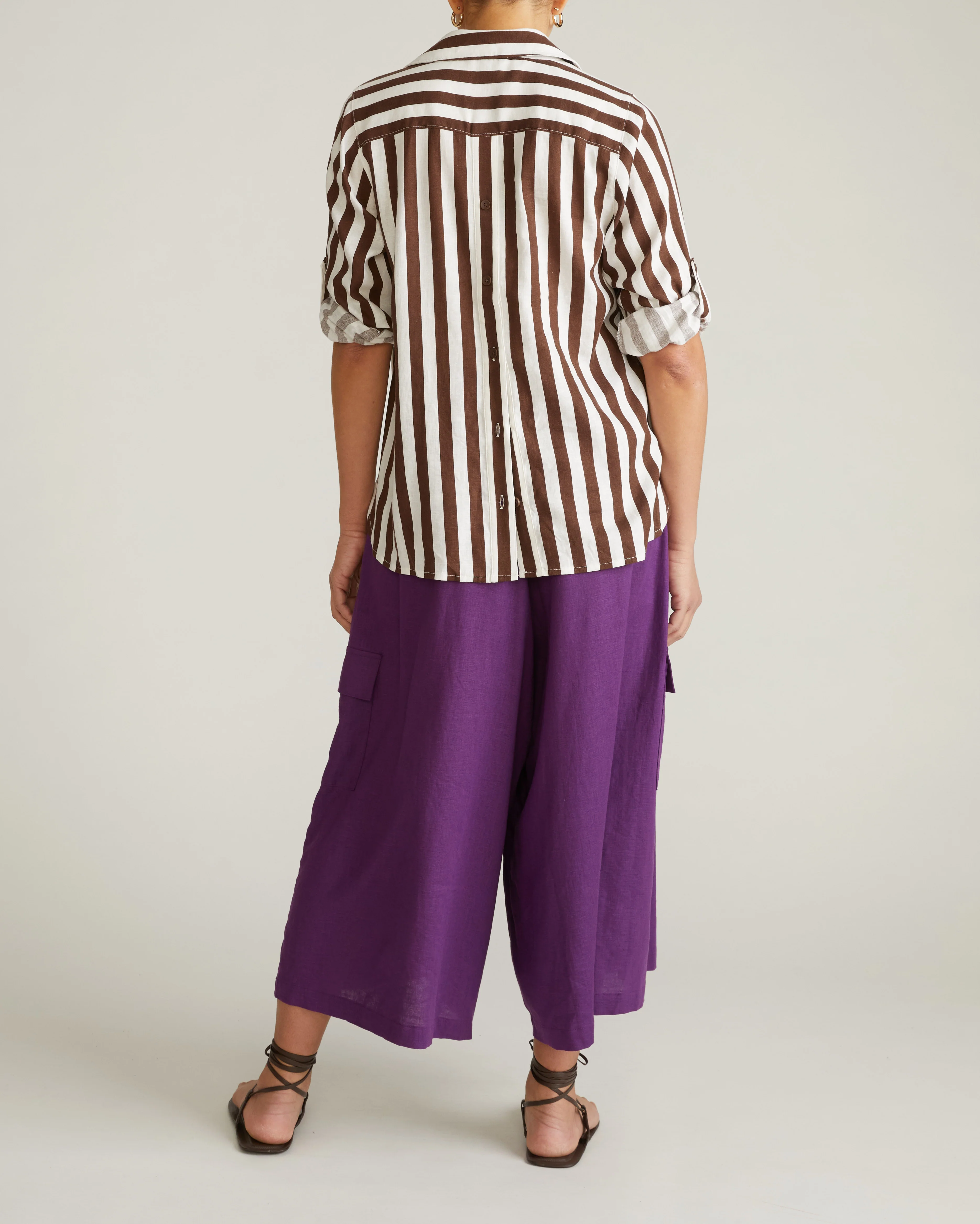 Button Back Linen Blend Polo Shirt - Peppercorn Stripe - Image 10