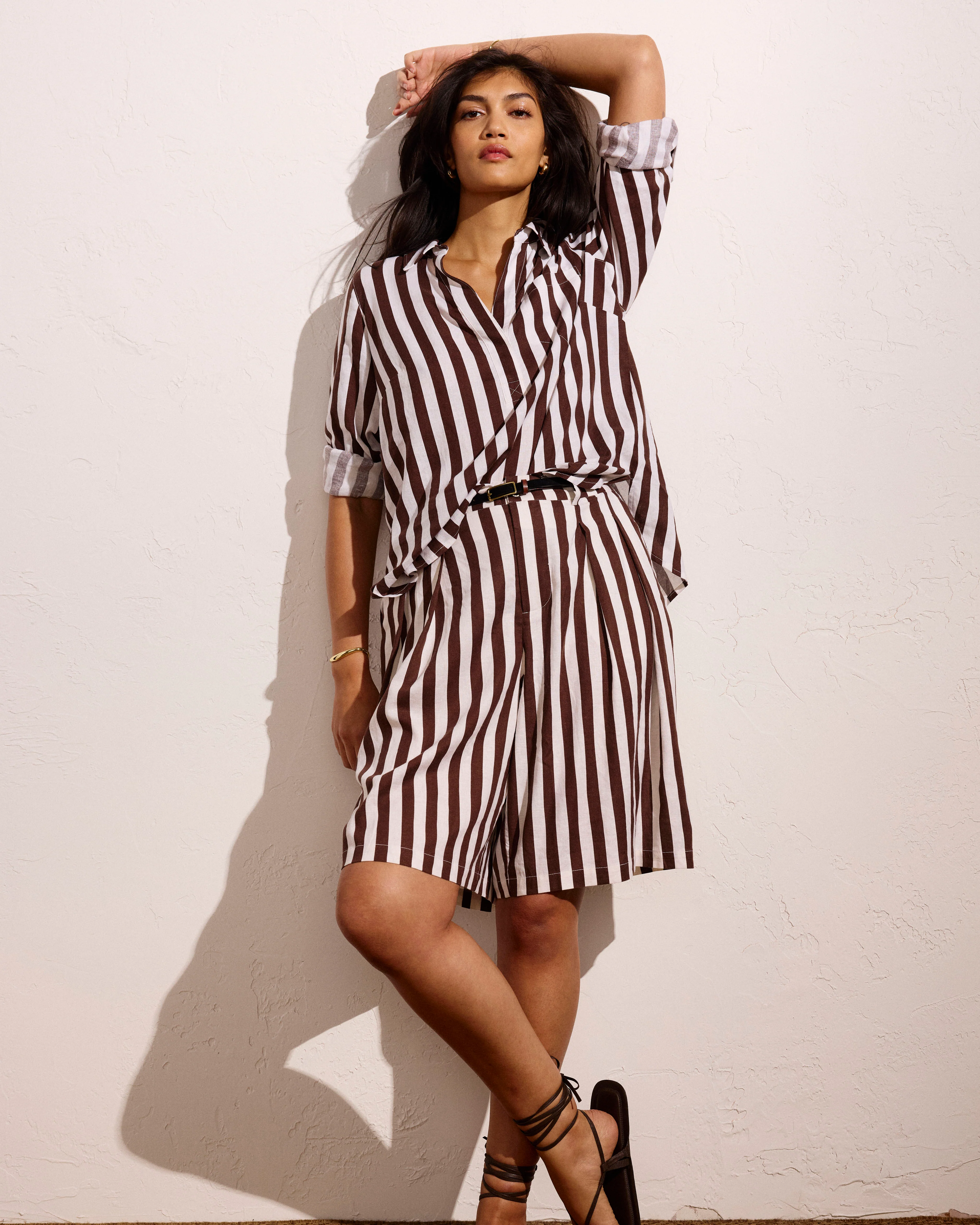 Button Back Linen Blend Polo Shirt - Peppercorn Stripe - Image 6
