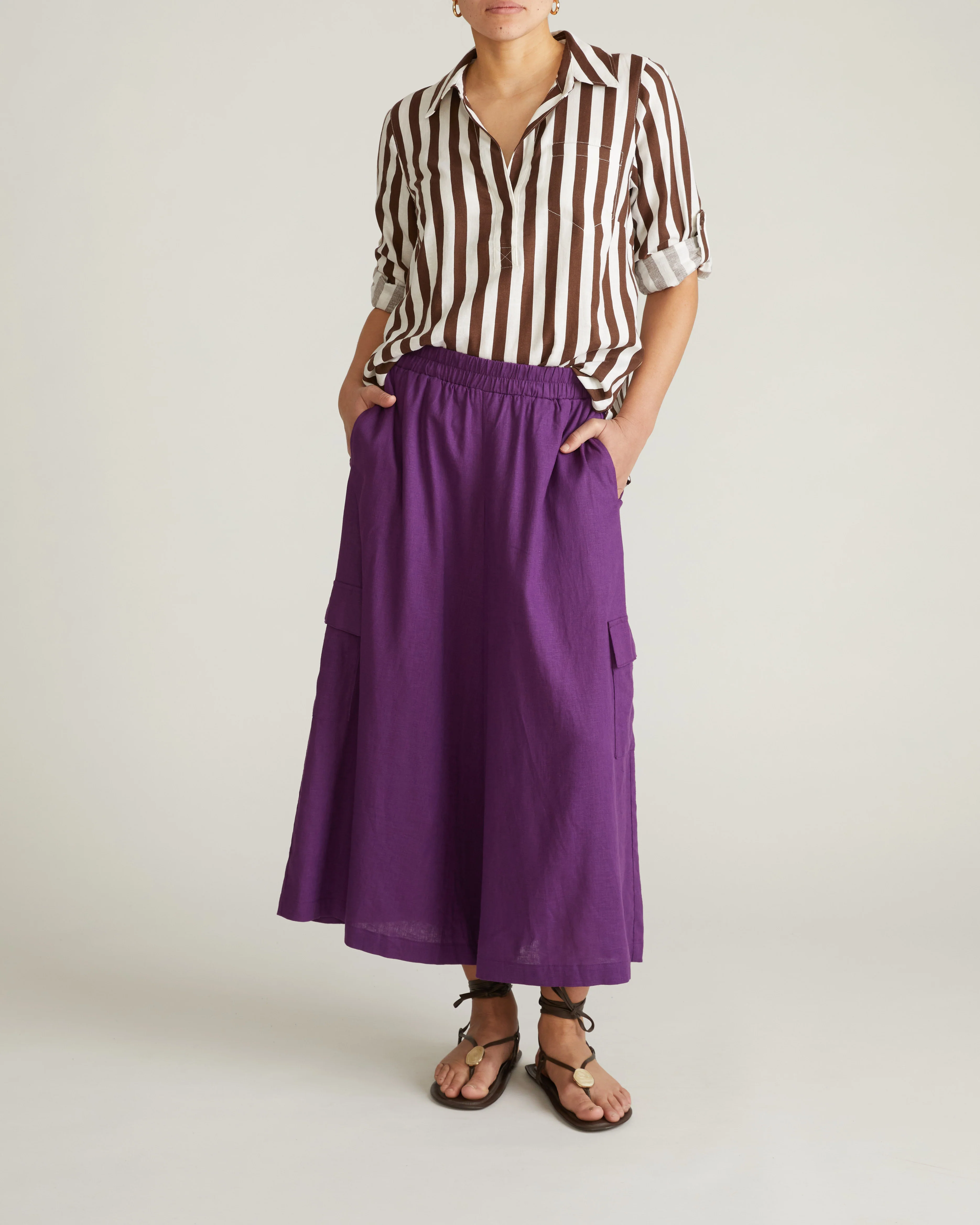 Button Back Linen Blend Polo Shirt - Peppercorn Stripe - Image 8
