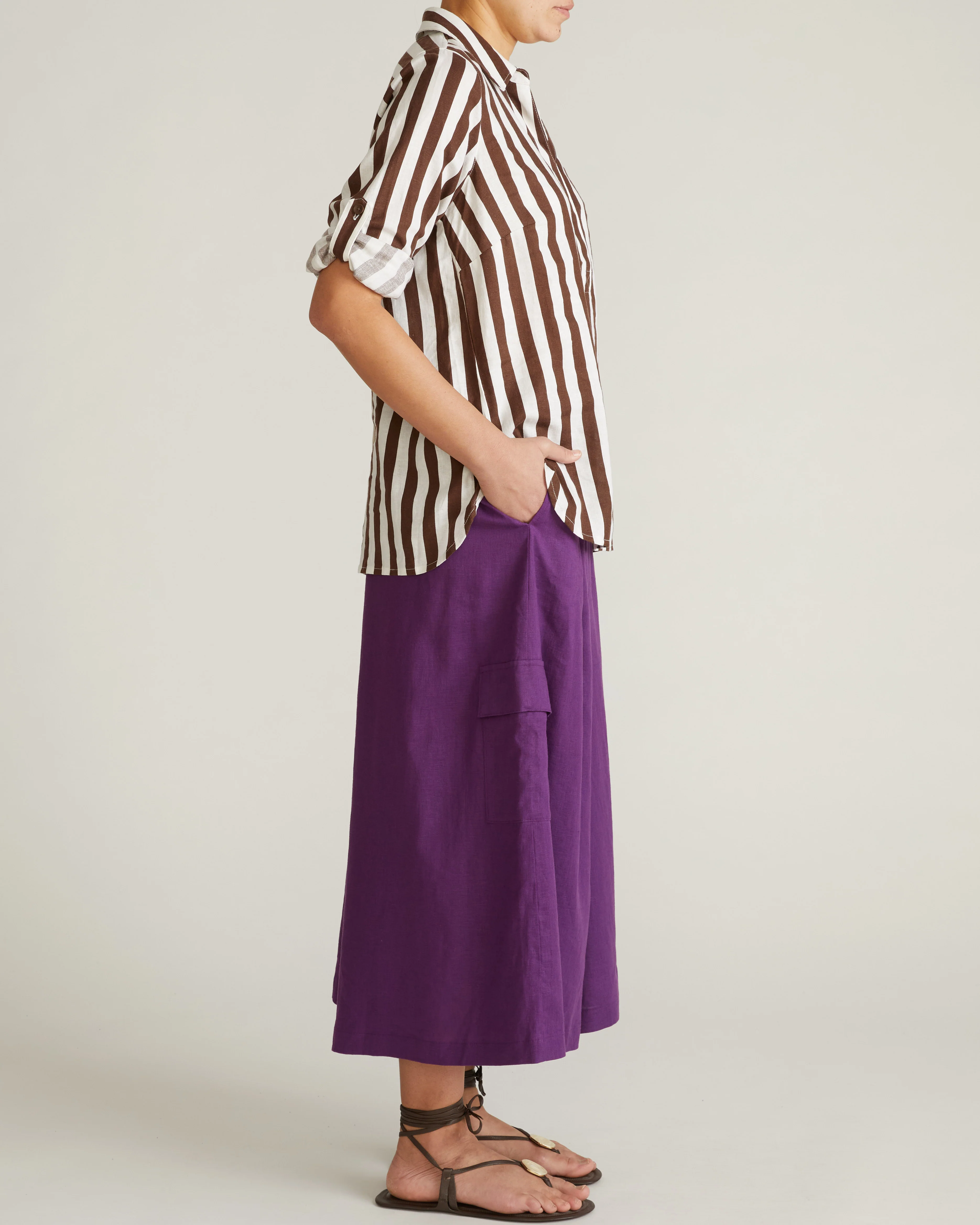 Button Back Linen Blend Polo Shirt - Peppercorn Stripe - Image 9