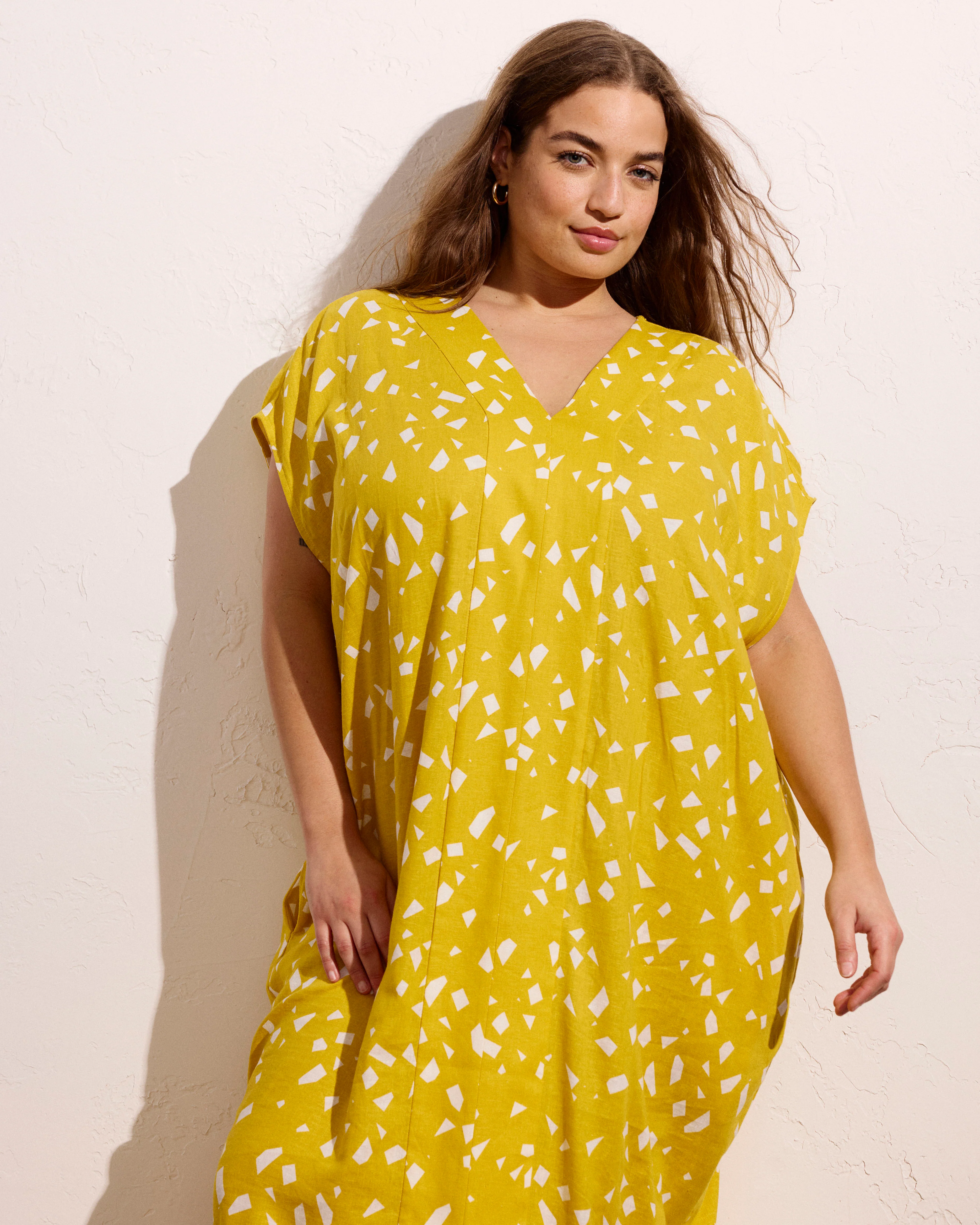 Cabana Linen Blend Kaftan - Yellow Confetti Print - Image 5