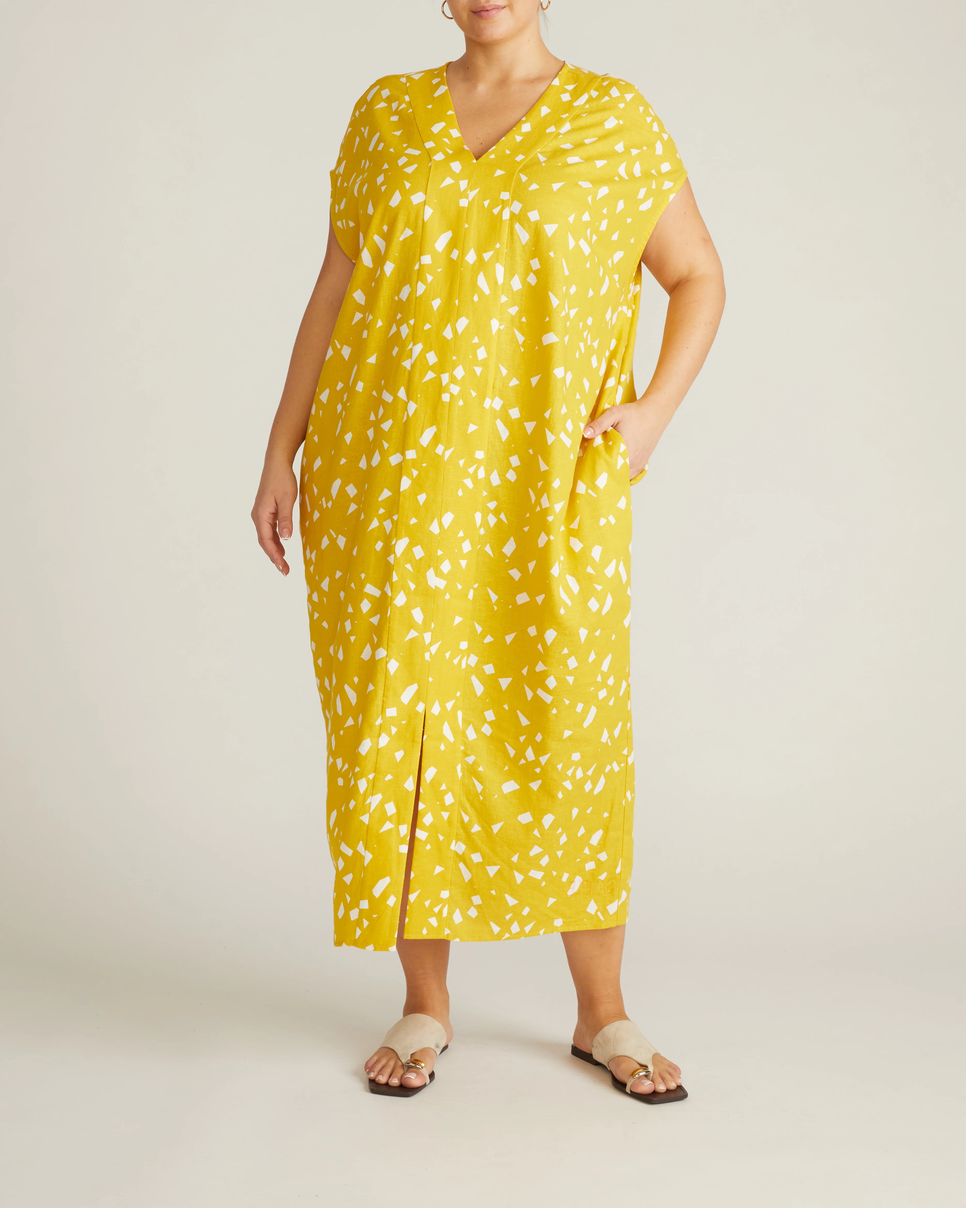 Cabana Linen Blend Kaftan - Yellow Confetti Print - Image 6