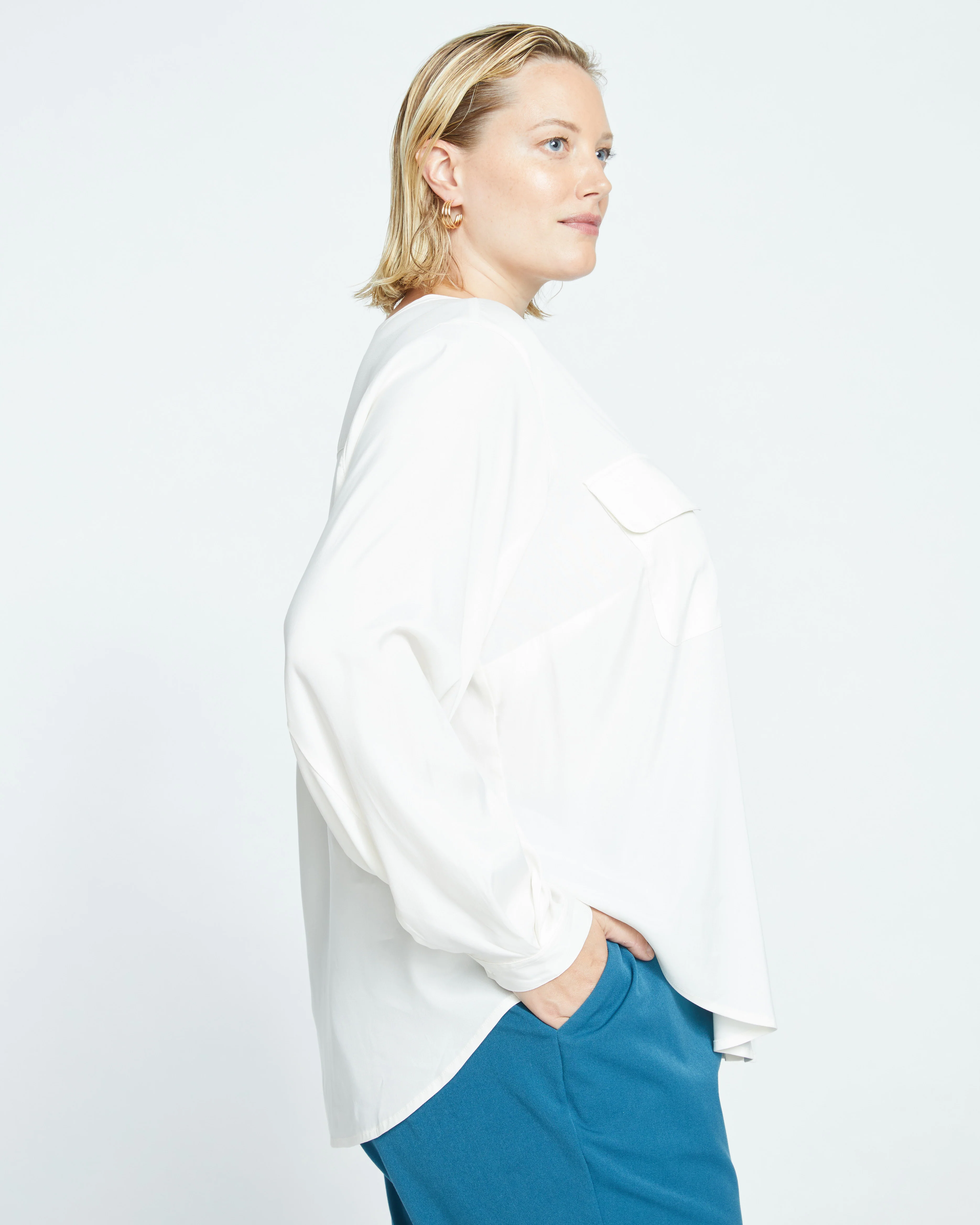 Cooling Stretch Cupro Button-Down Blouse - Cream - Image 4