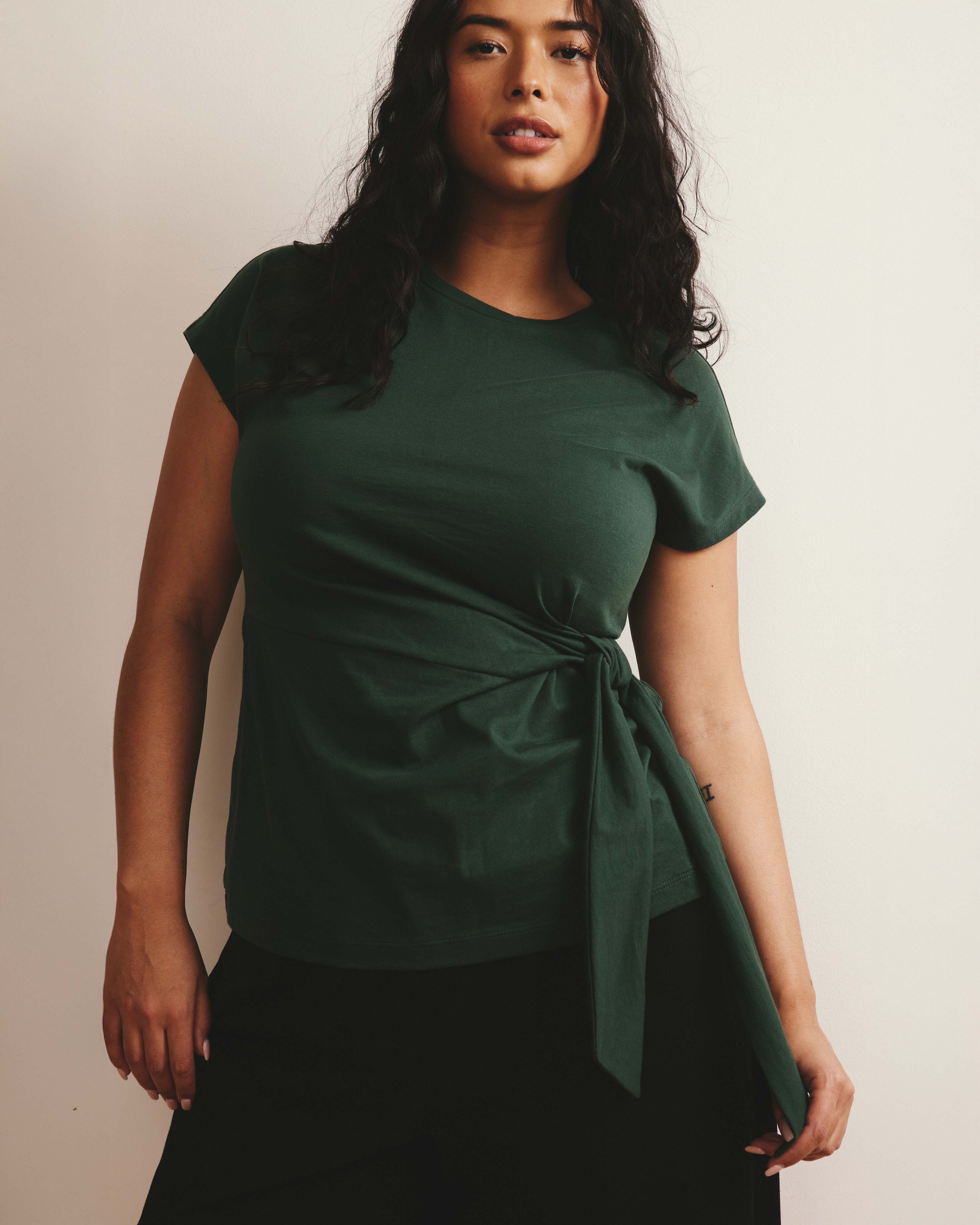 Crescent Breton Stripe Knot Tee - Solid Conifer