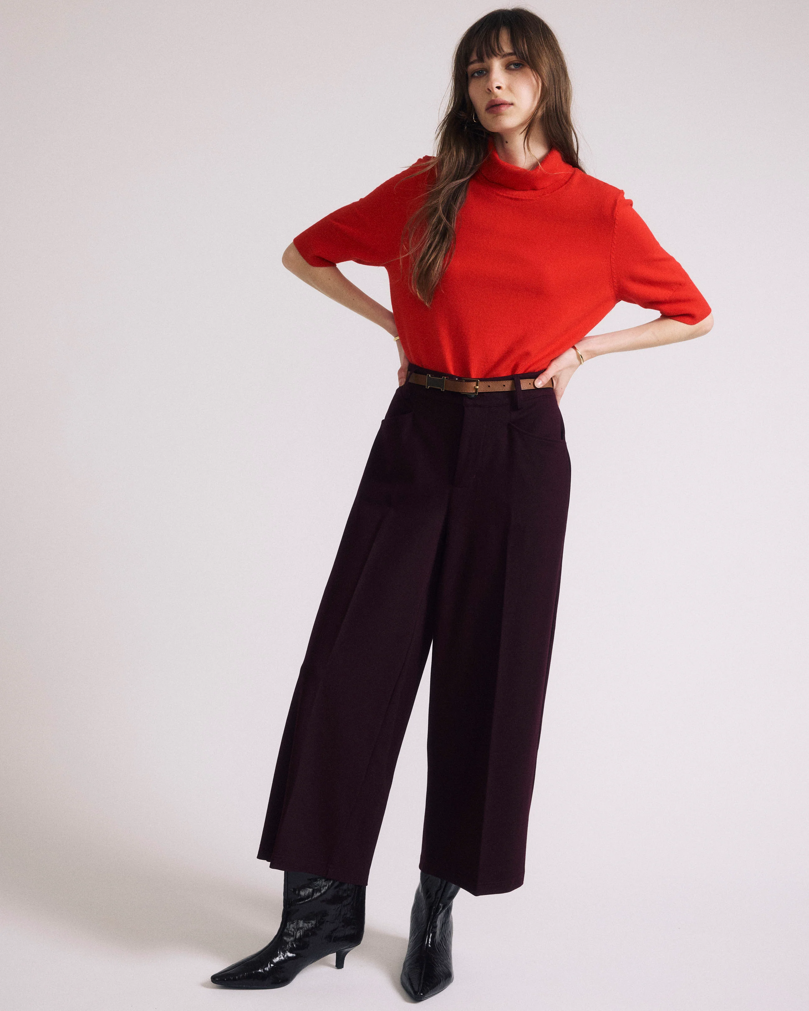 Cropped Wide Leg Ponte Pants - Black Cherry