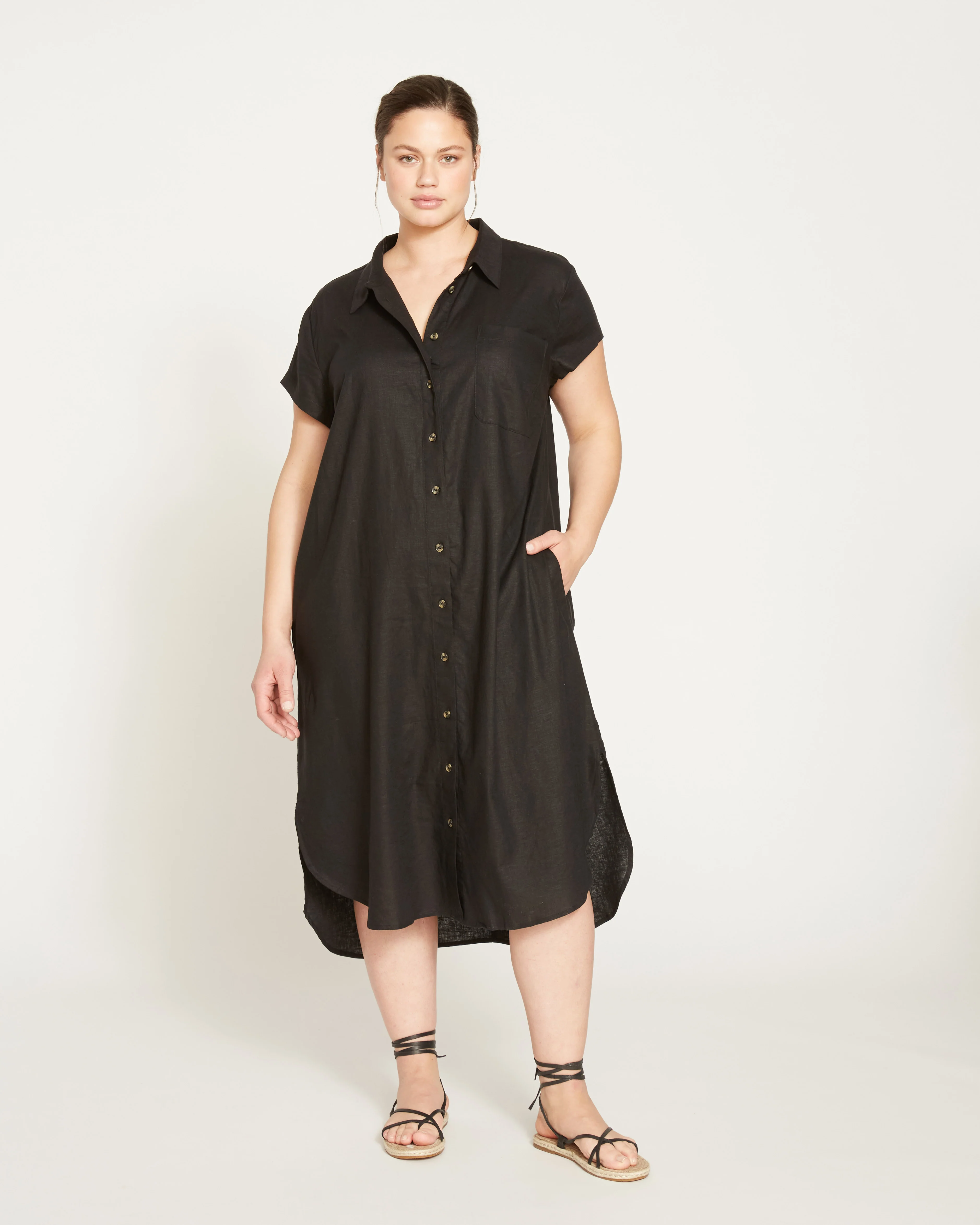Dune Linen Blend Shirtdress - Black - Image 3