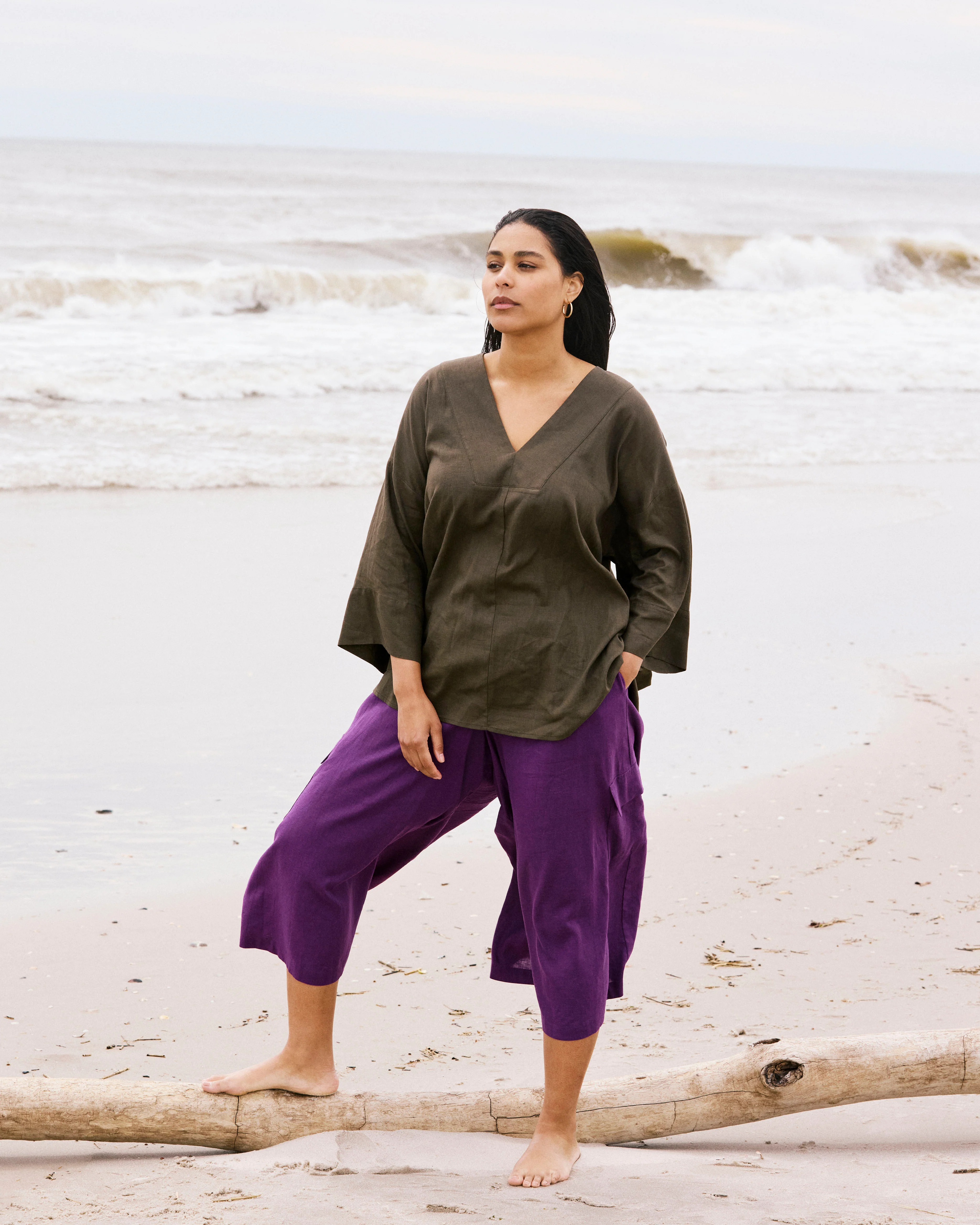 Elio V-Neck Linen Blend Top - Camo - Image 3