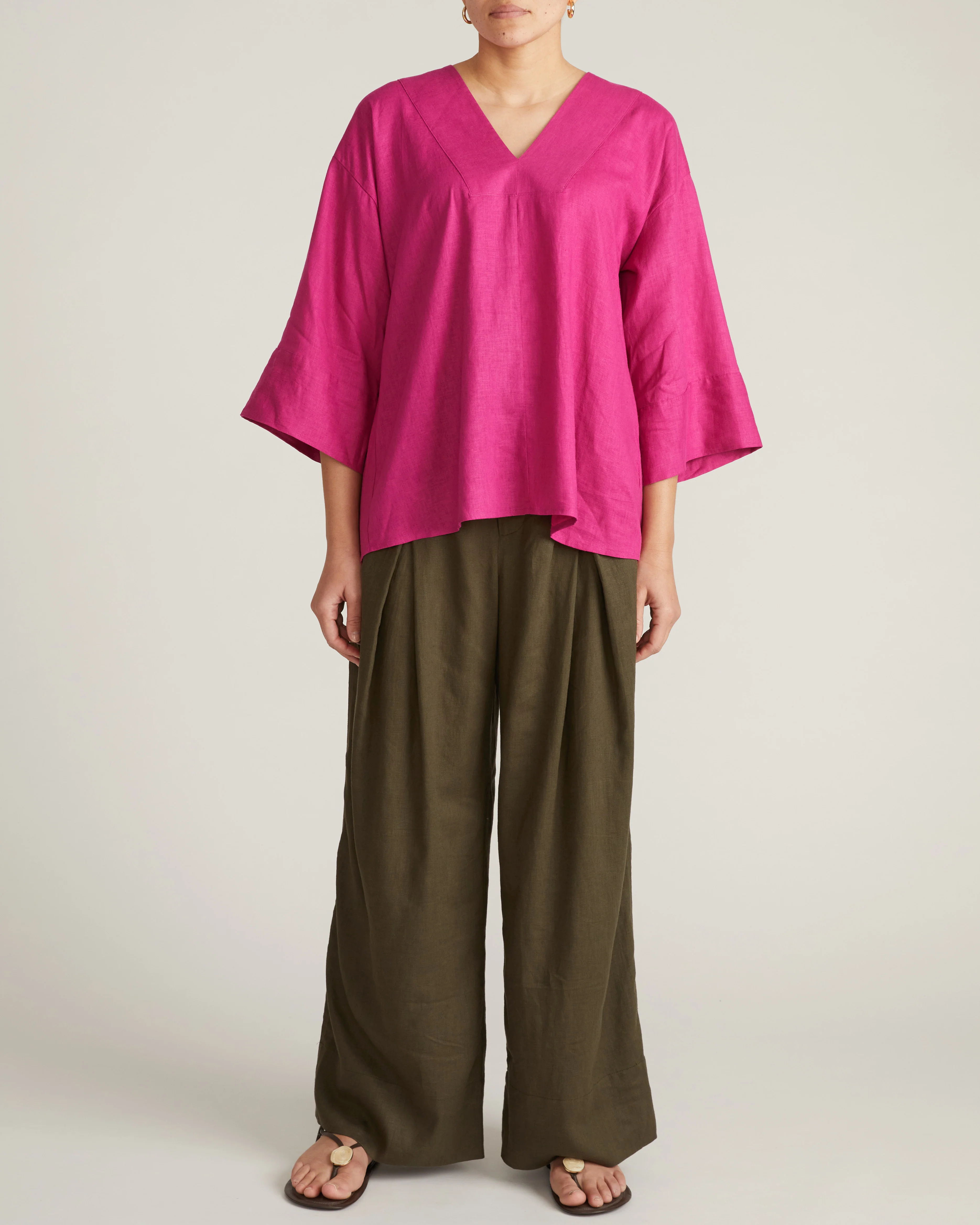 Elio V-Neck Linen Blend Top - Hyper Pink - Image 3