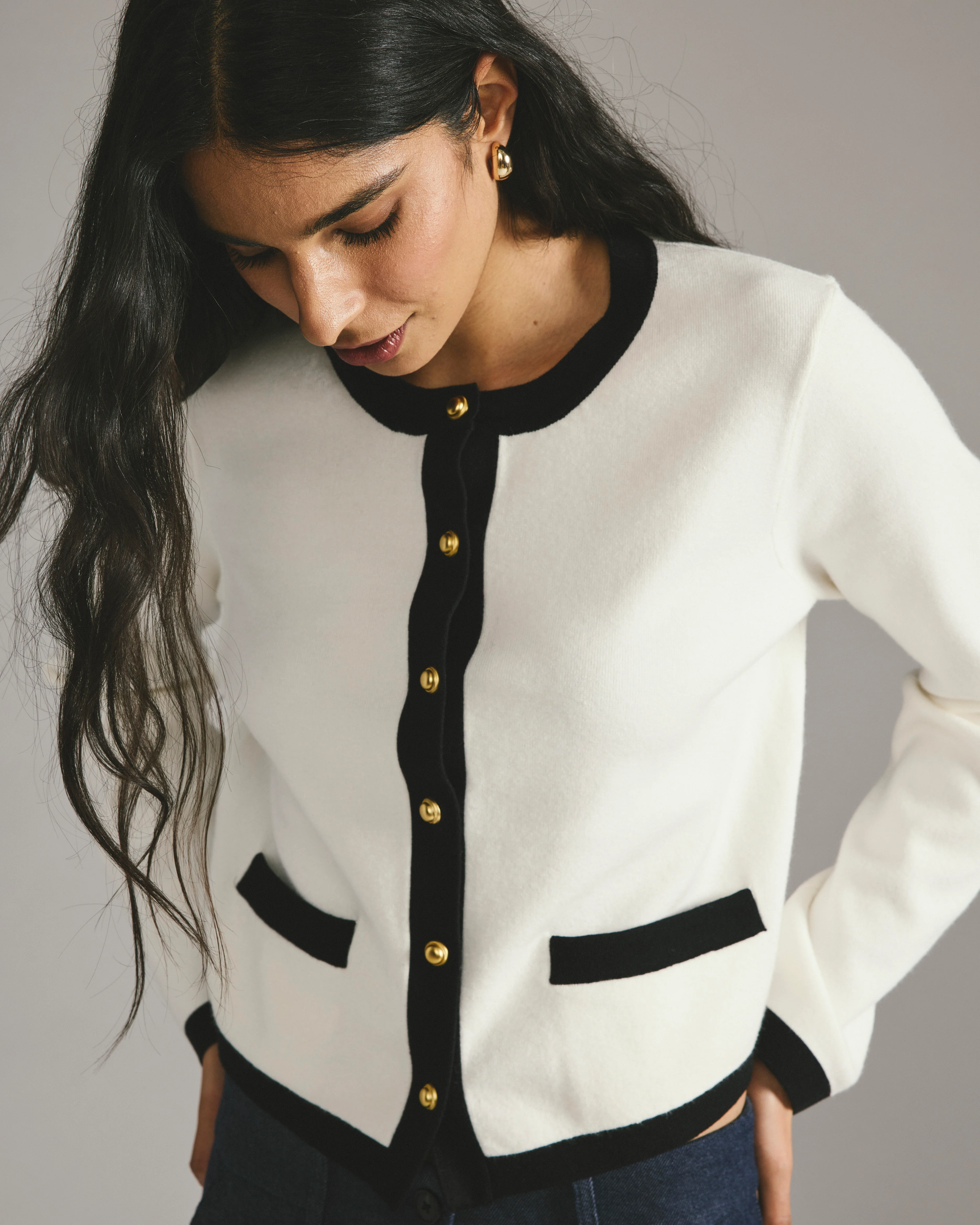 Gabrielle Button-Front Cardigan - Cream with Black Accents