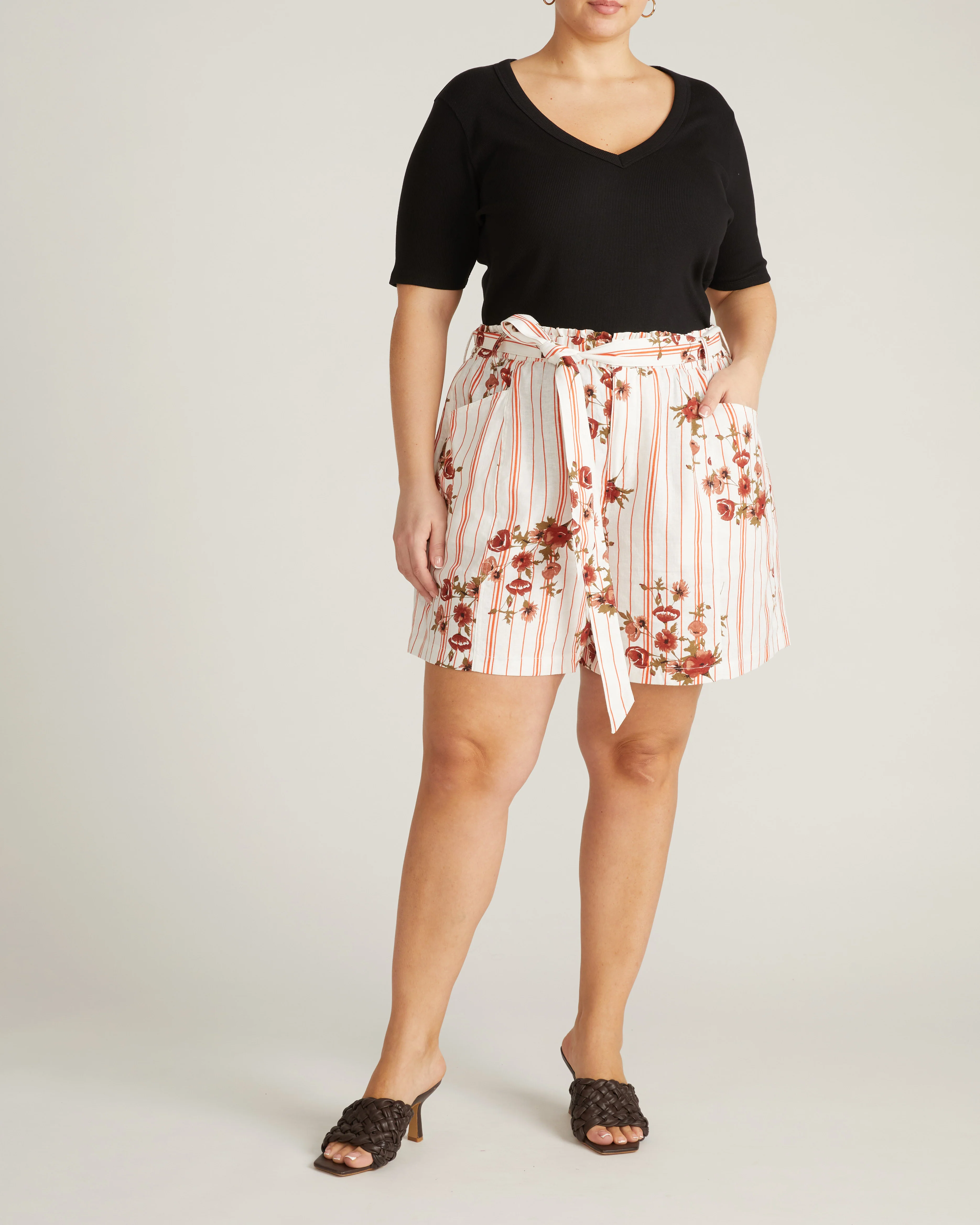 Harbor Stretch Linen Blend Paperbag Shorts - Wild Flower Bouquet Print on Stripes - Image 3