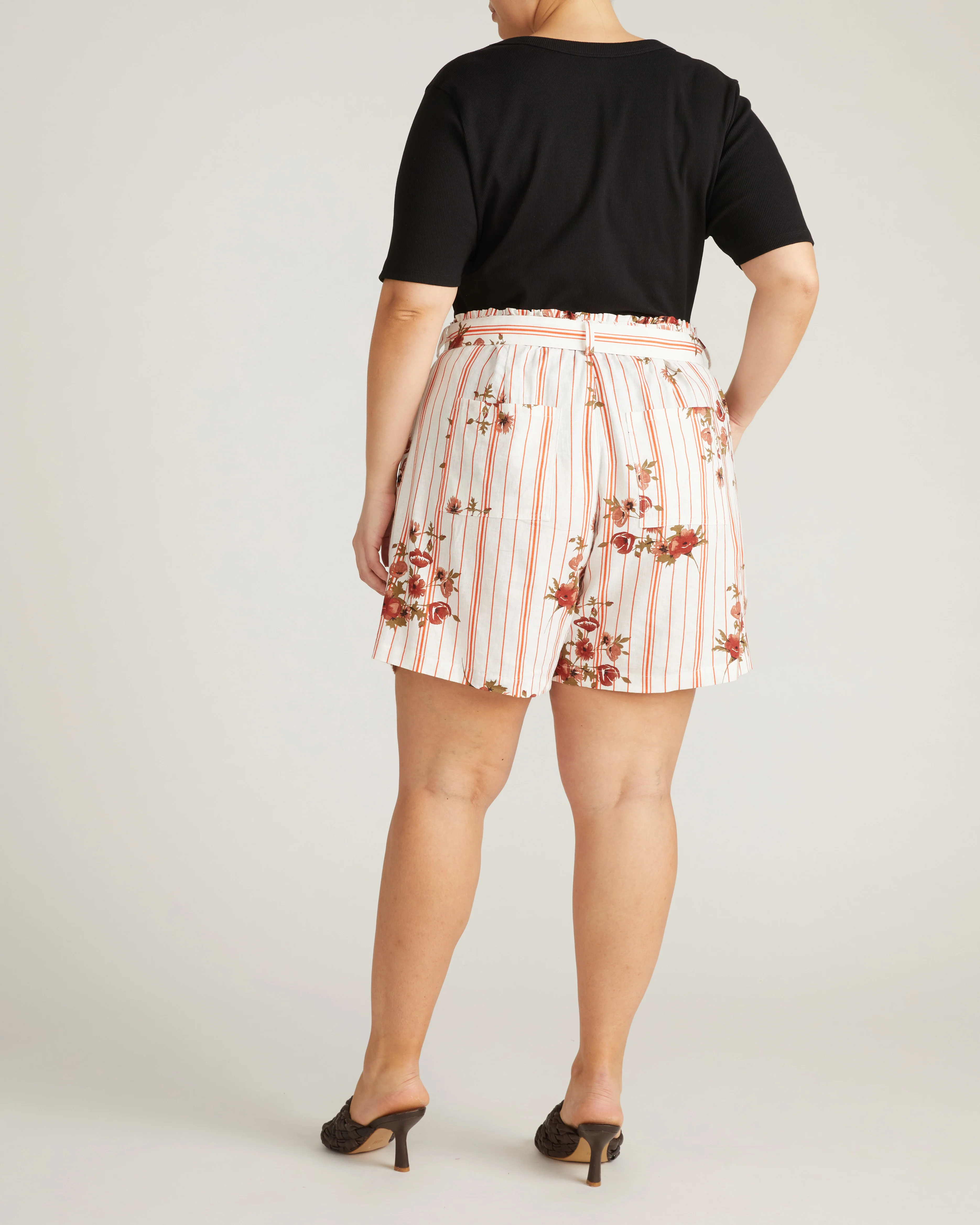 Harbor Stretch Linen Blend Paperbag Shorts - Wild Flower Bouquet Print on Stripes - Image 5