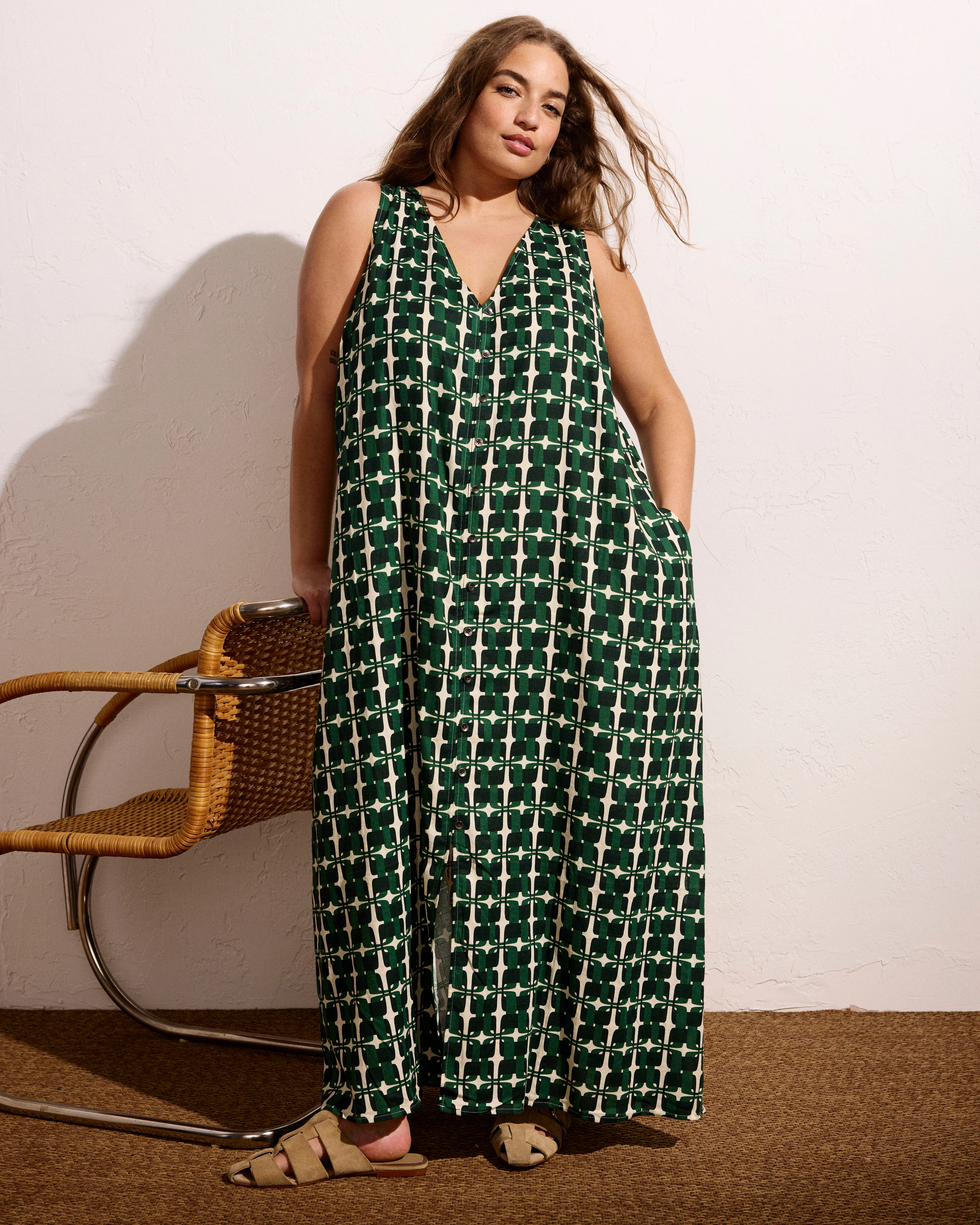 Islet Button-Down Linen Blend Maxi Dress - Green Trellis Print - Image 3