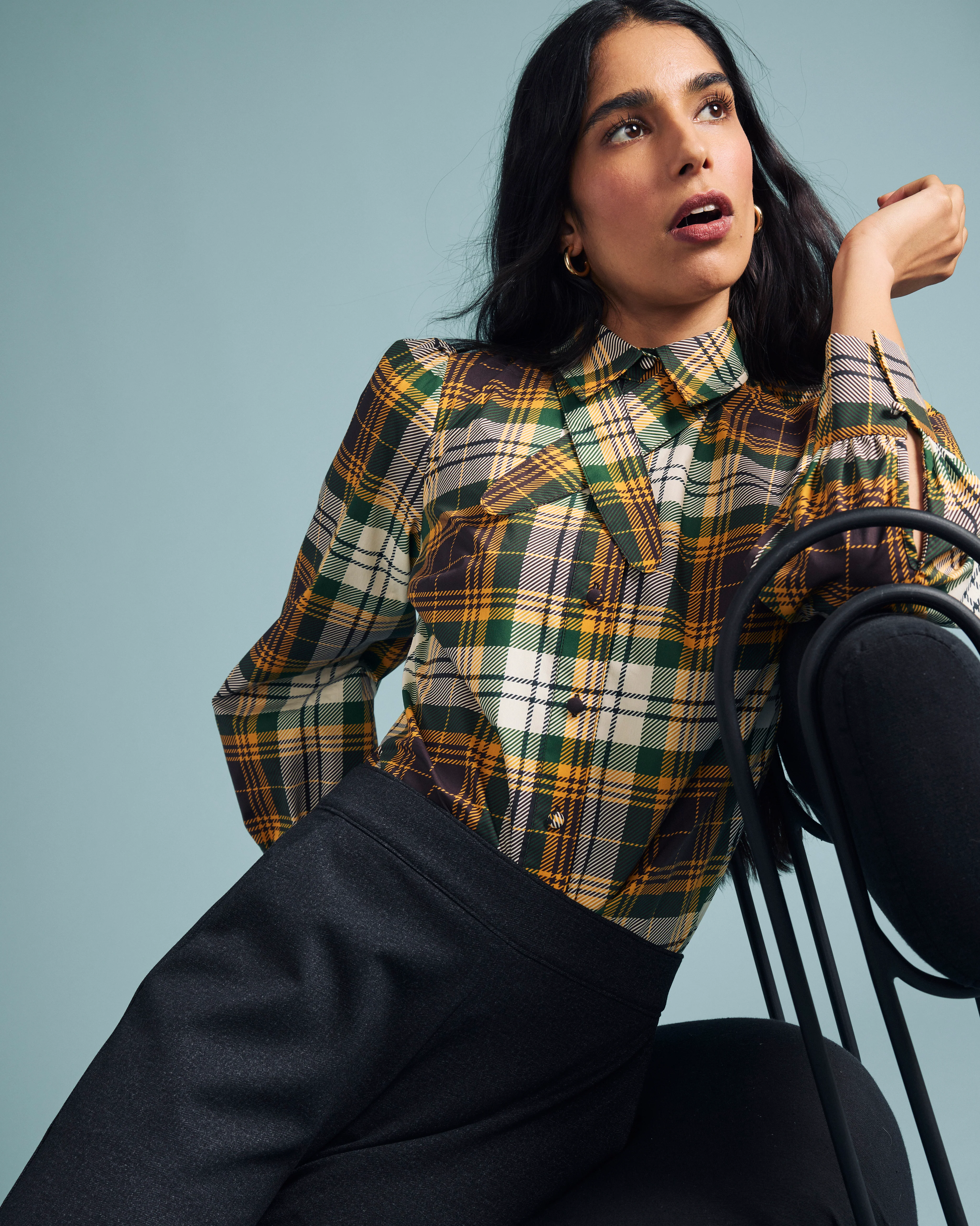 Janet Tie-Neck Cotton Poplin Shirt - Brown Plaid