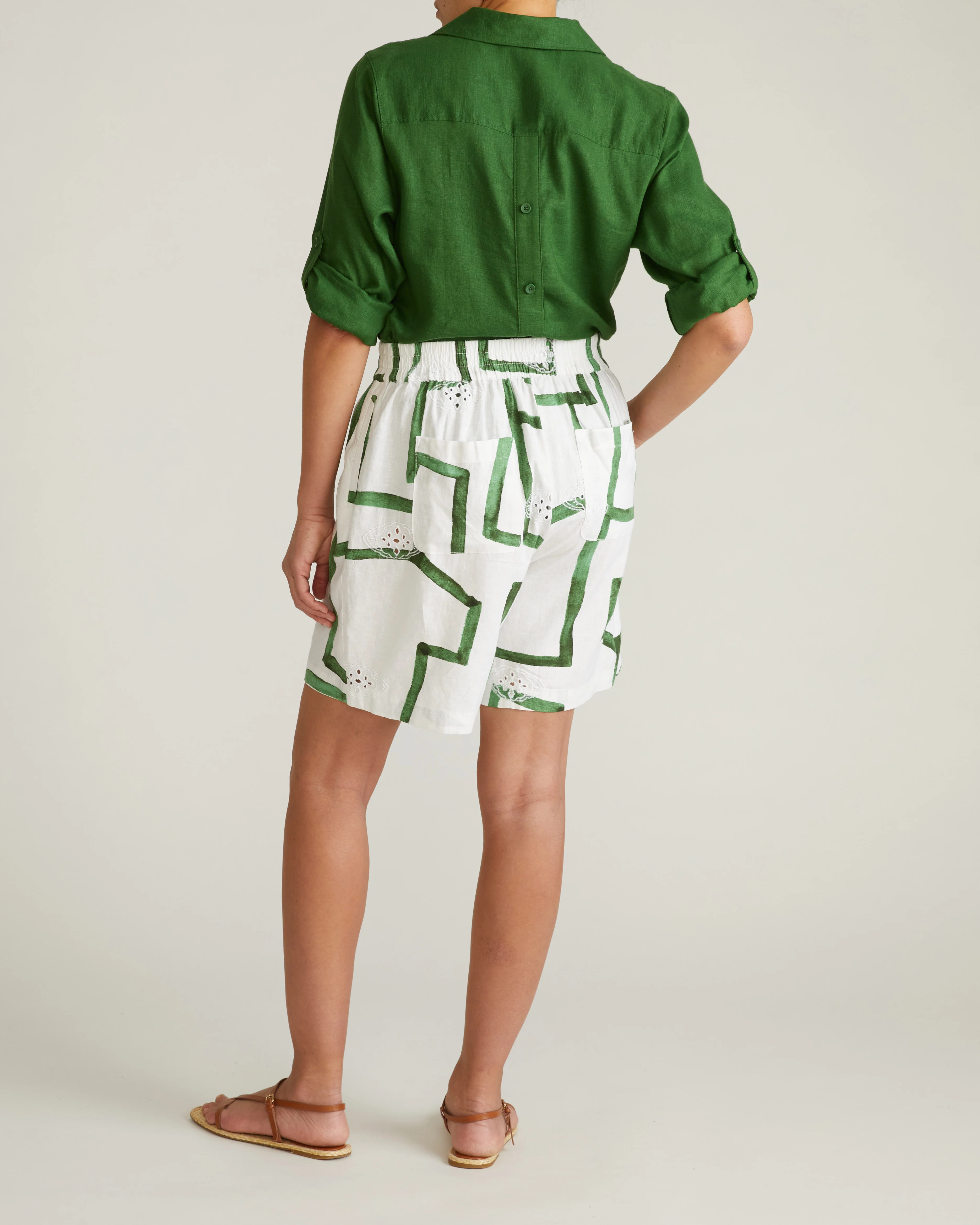 Juniper Linen Blend Easy Pull-On Shorts - Green Paint Print - Image 6