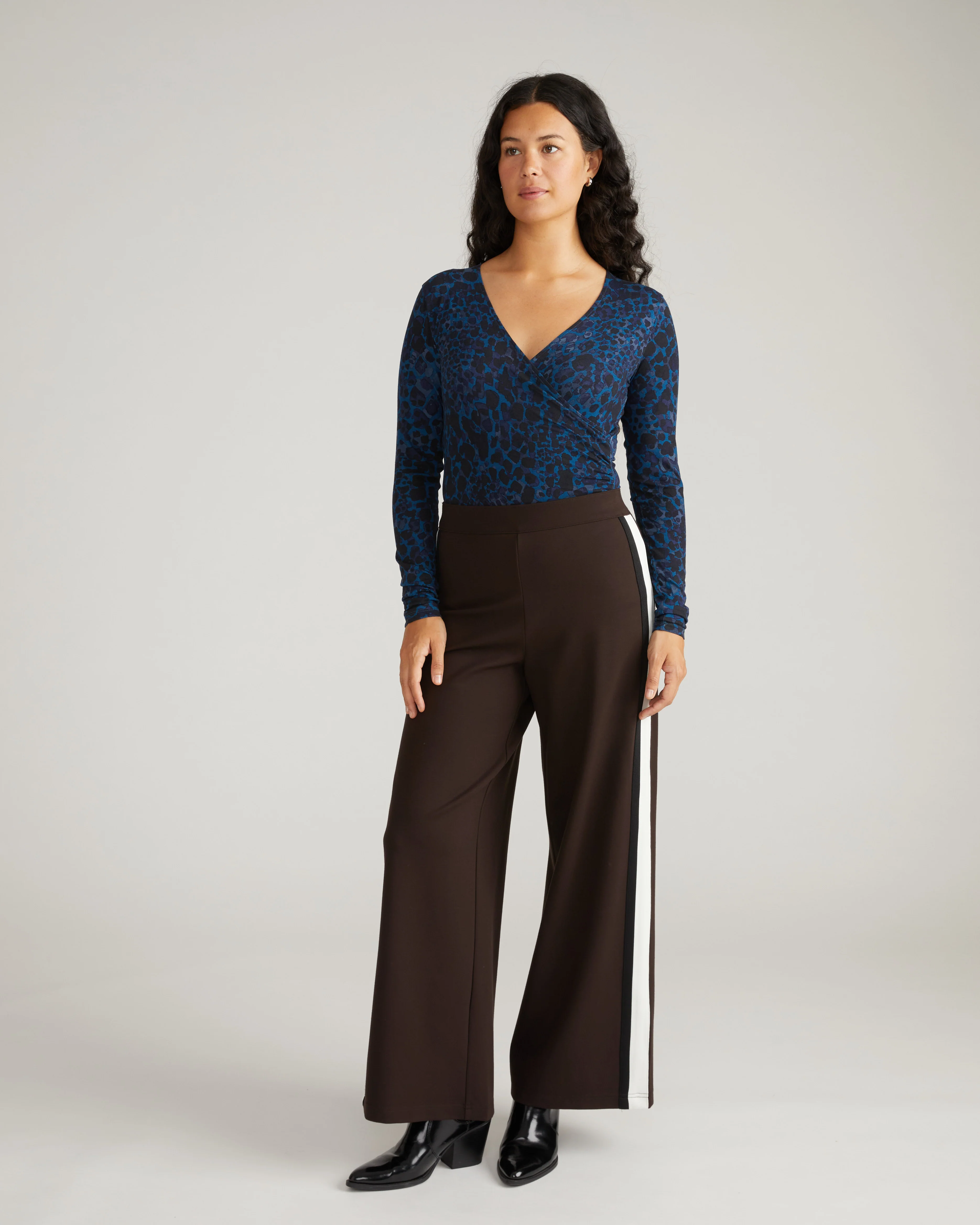 Liquid Jersey Two-Way Long Sleeve Cross Top - Deep Teal Animal Print
