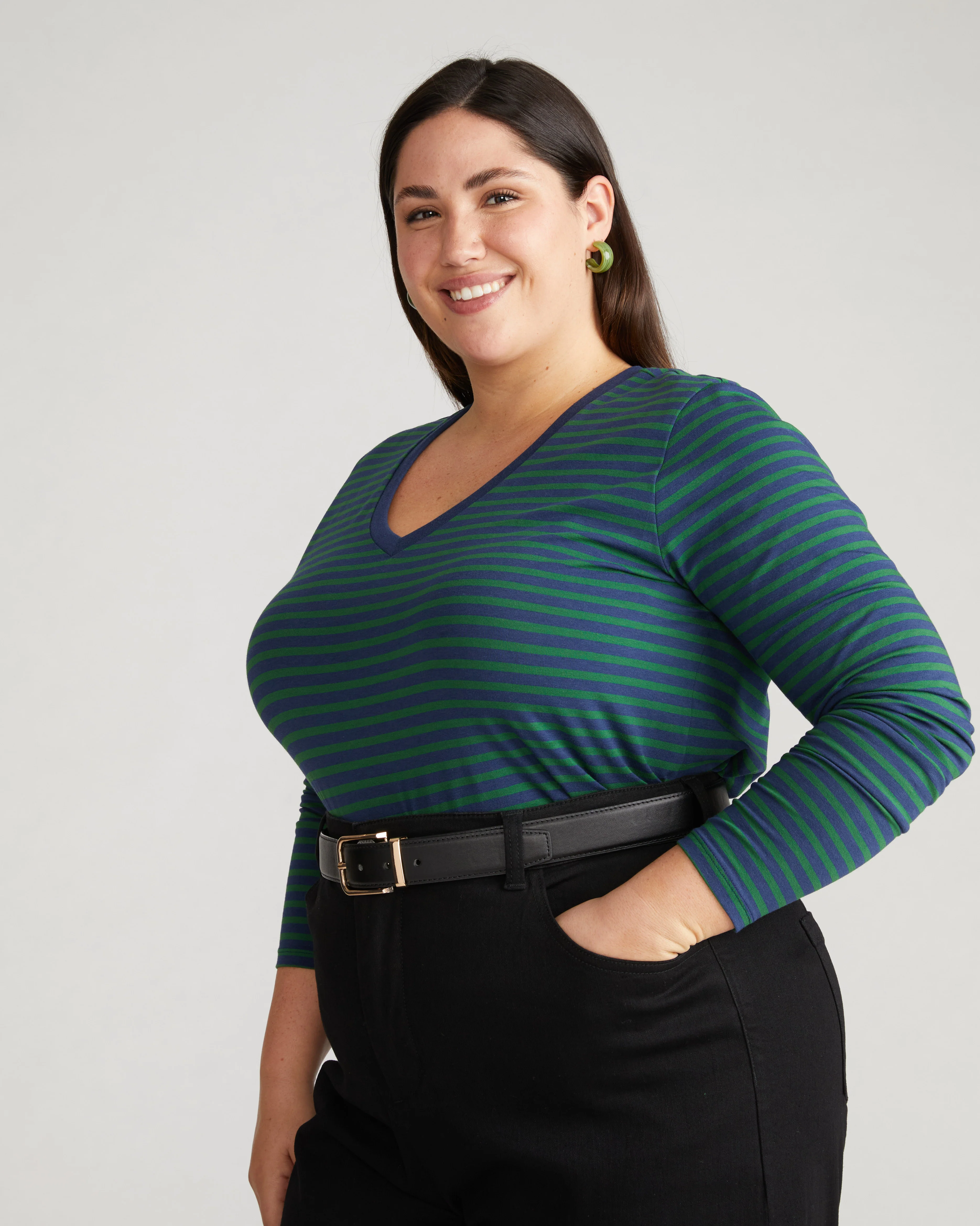 Long Sleeve V Rex - Cenote/Jardin Stripe - Image 3