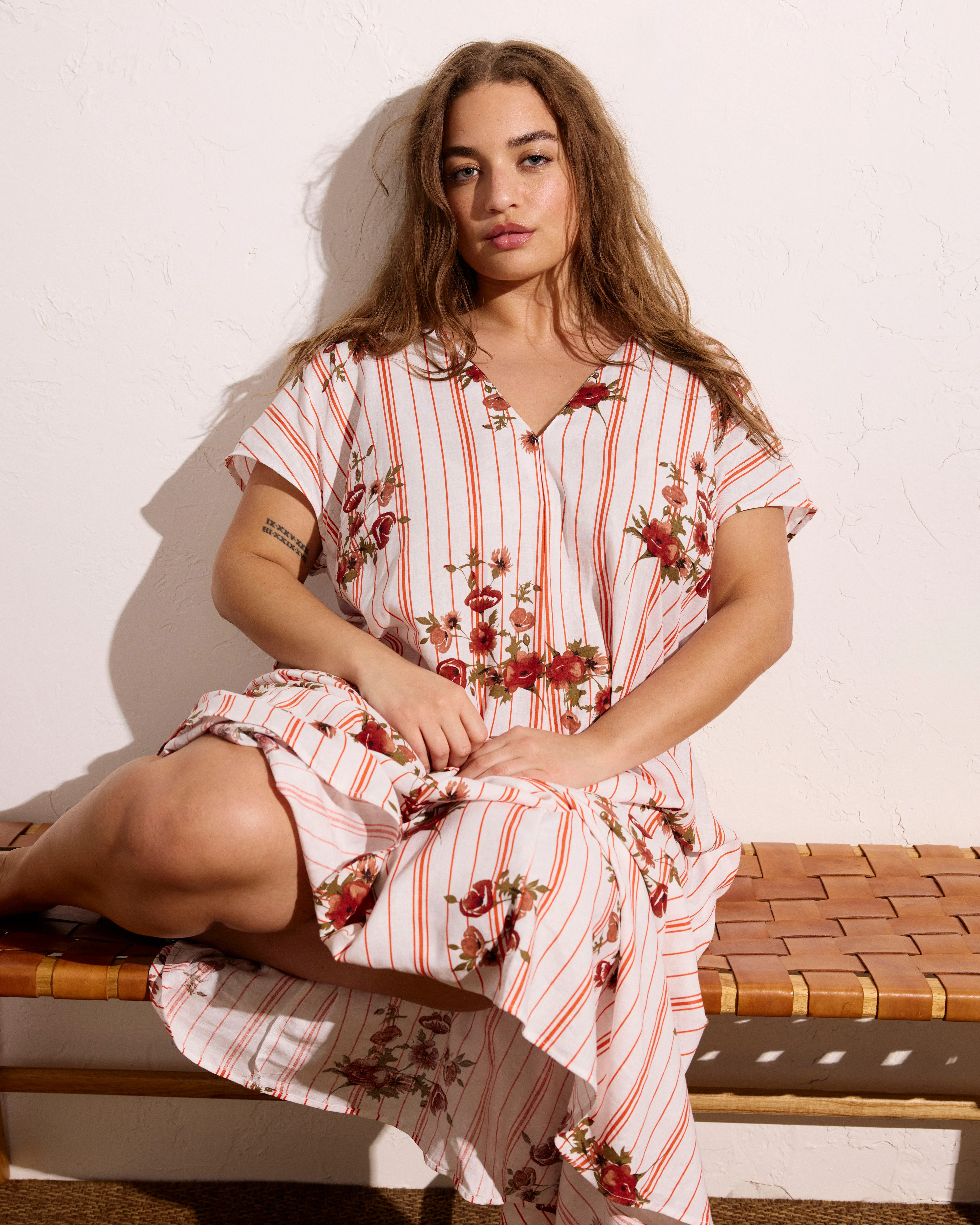 Louvre Bow Back Linen Blend Dress - Wild Flower Bouquet Print on Stripes - Image 3