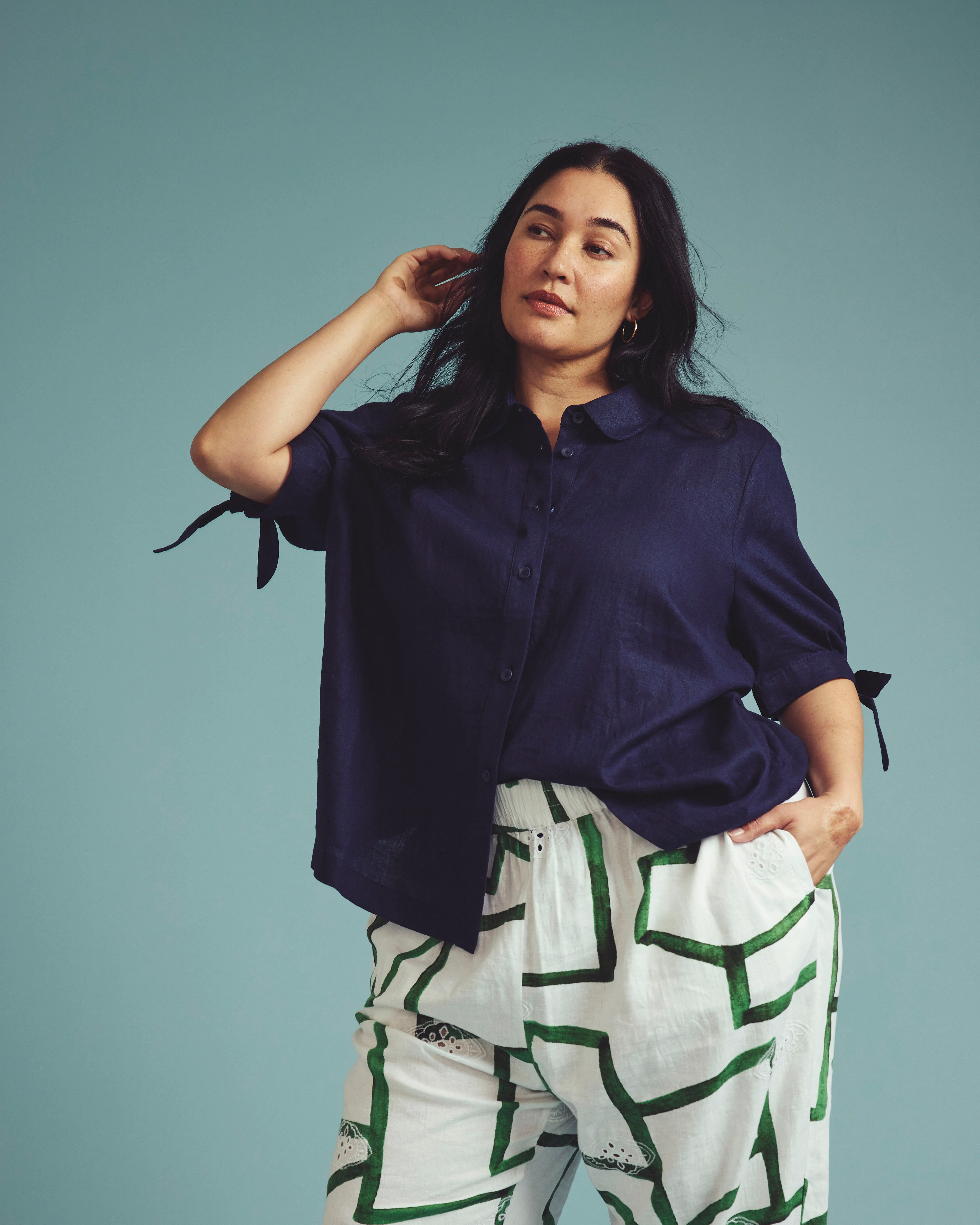 Luisa Short Sleeve Linen Blend Shirt - Navy - Image 3