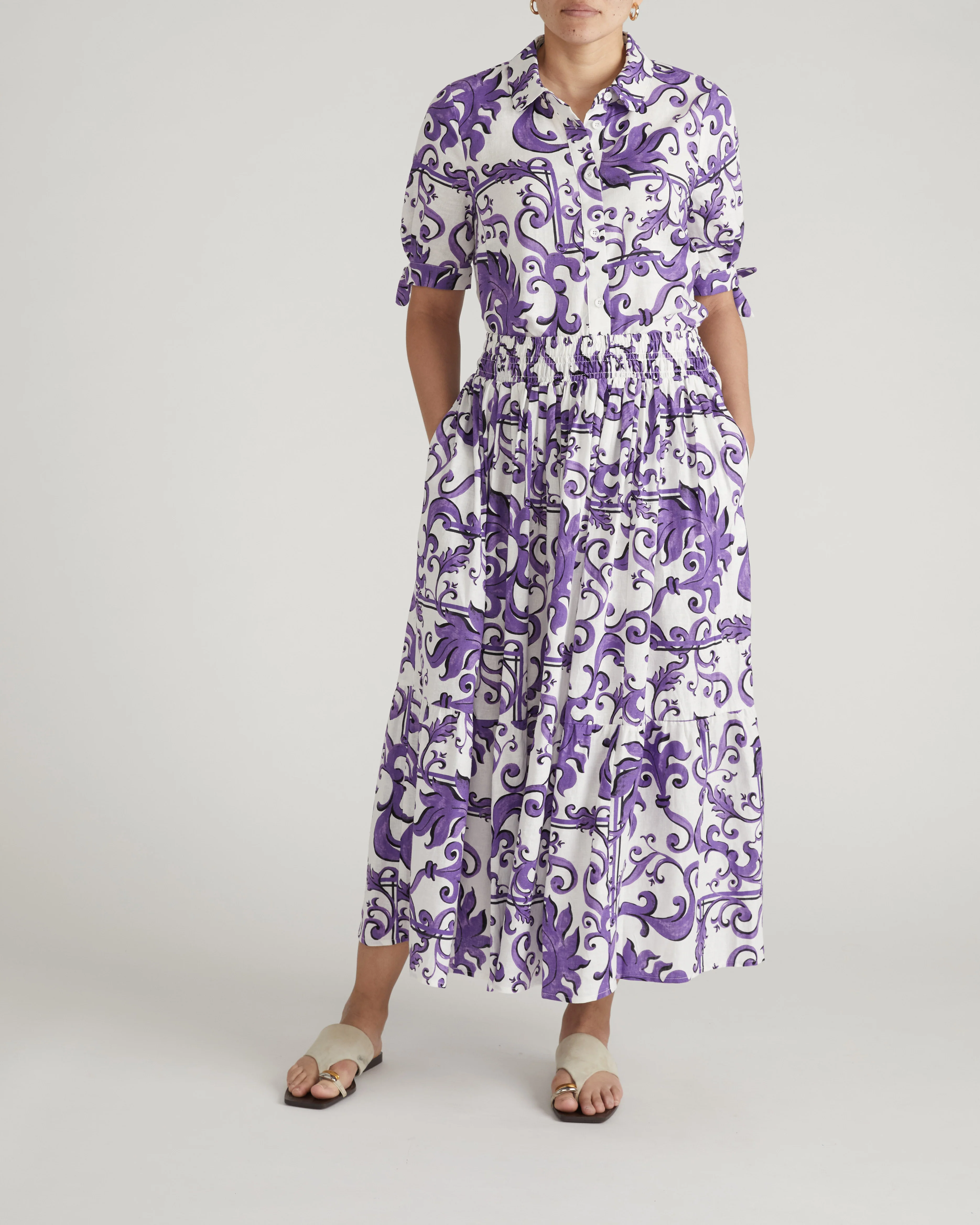 Luisa Short Sleeve Linen Blend Shirt - Purple Majolica Print - Image 4