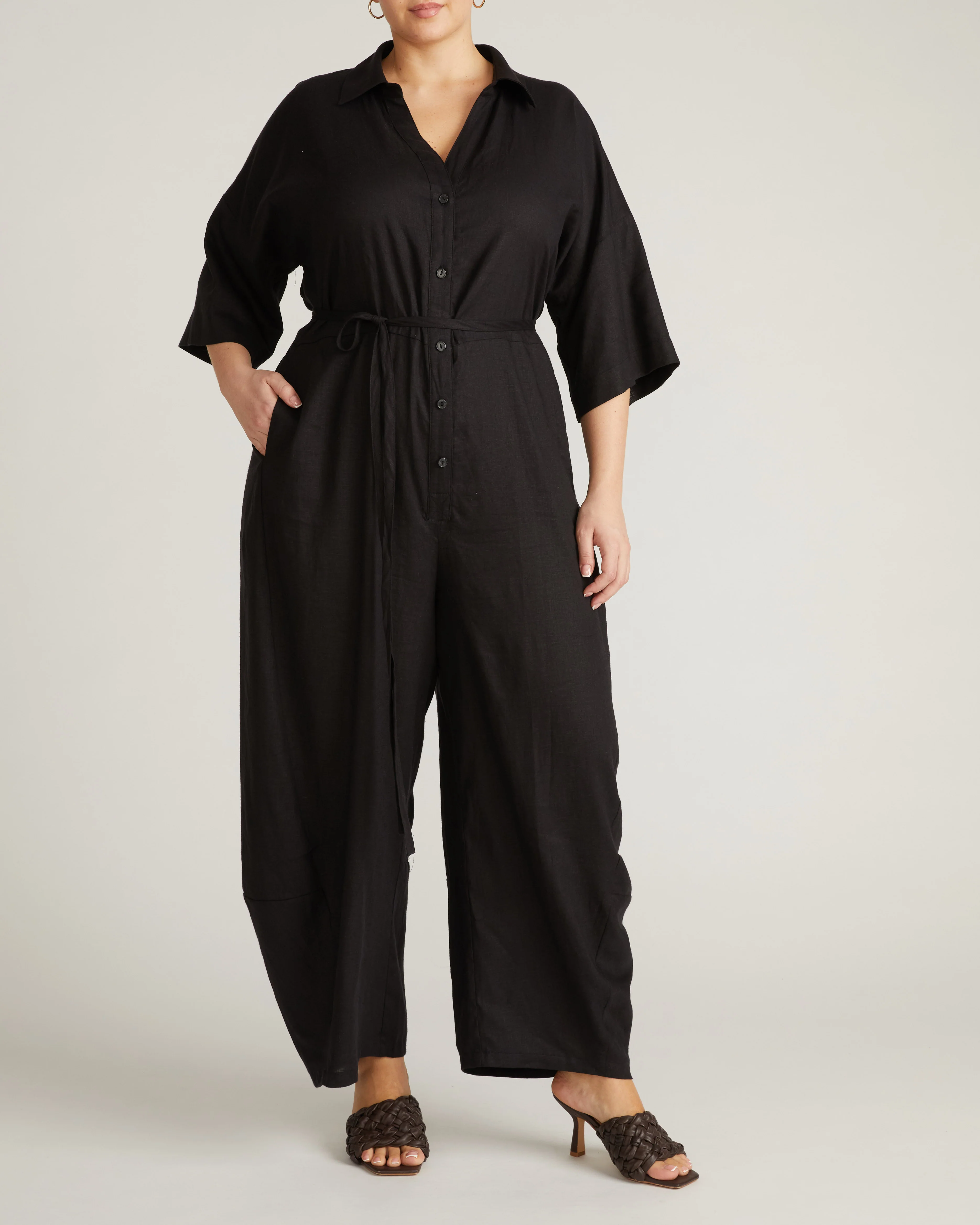 Maggie Barrel Leg Linen Blend Jumpsuit - Black - Image 4